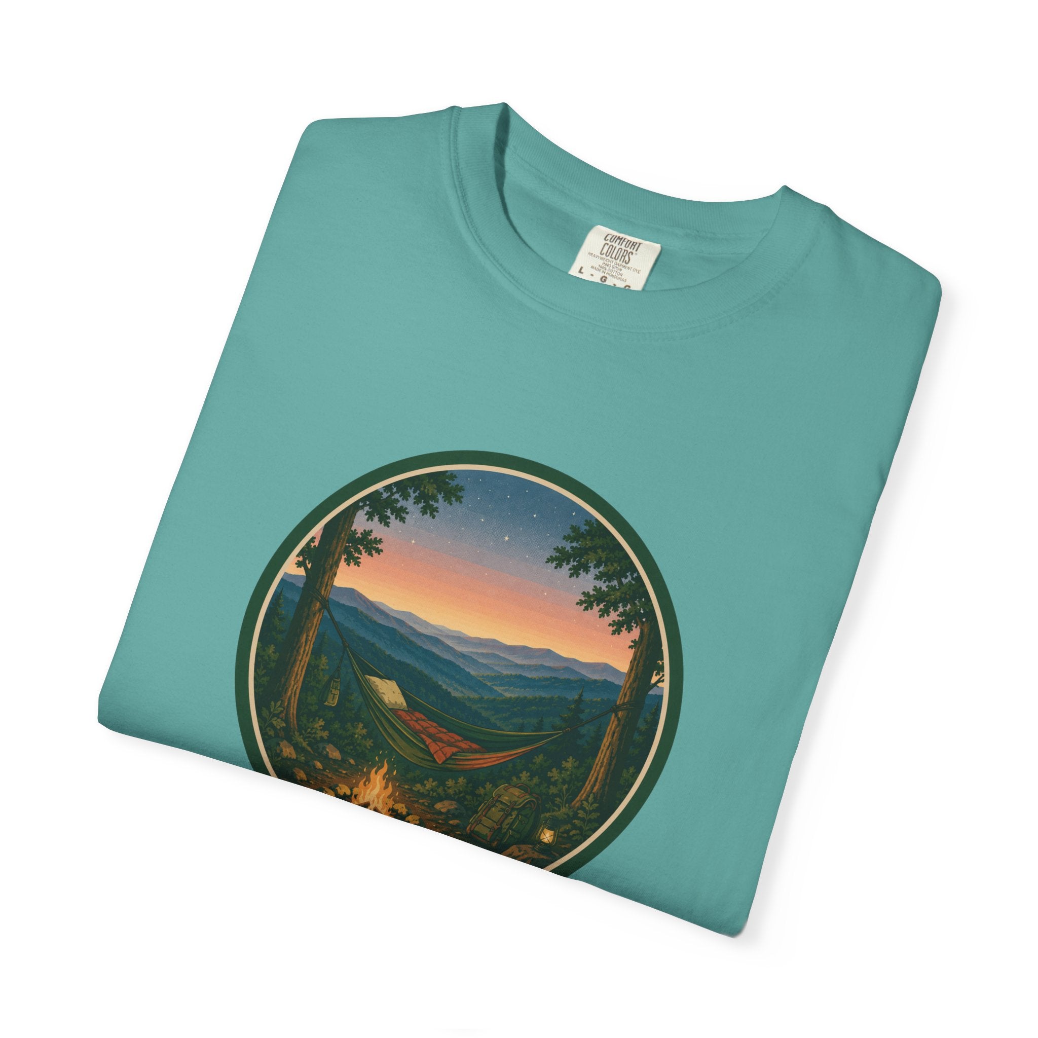 Campfire Mountain Sunset T-Shirt — Scenic Hiking Adventure Tee