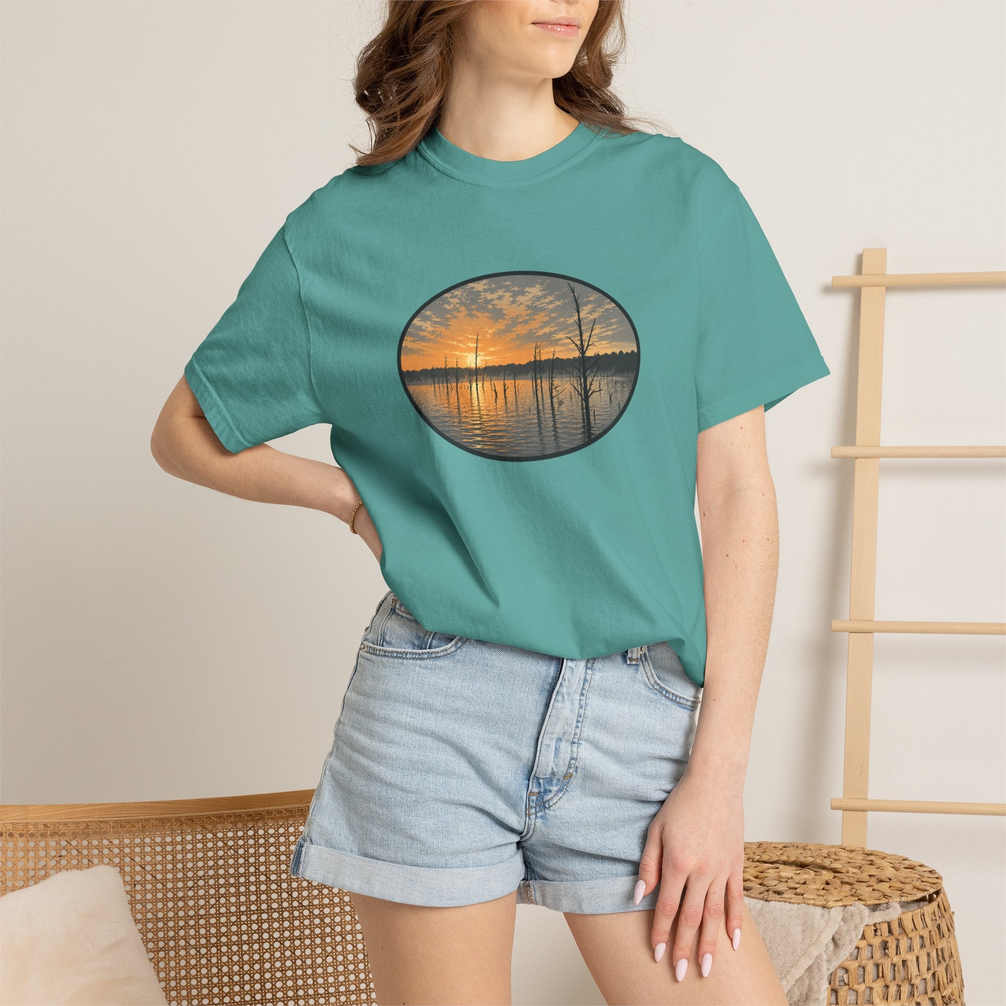 Sunrise Wooded Lake Oval T-Shirt