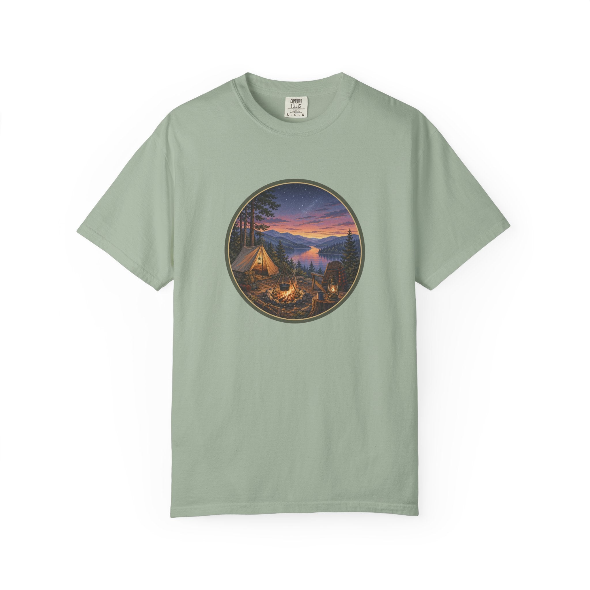 Camping Sunset T-Shirt — Riverside Campfire Night Scene