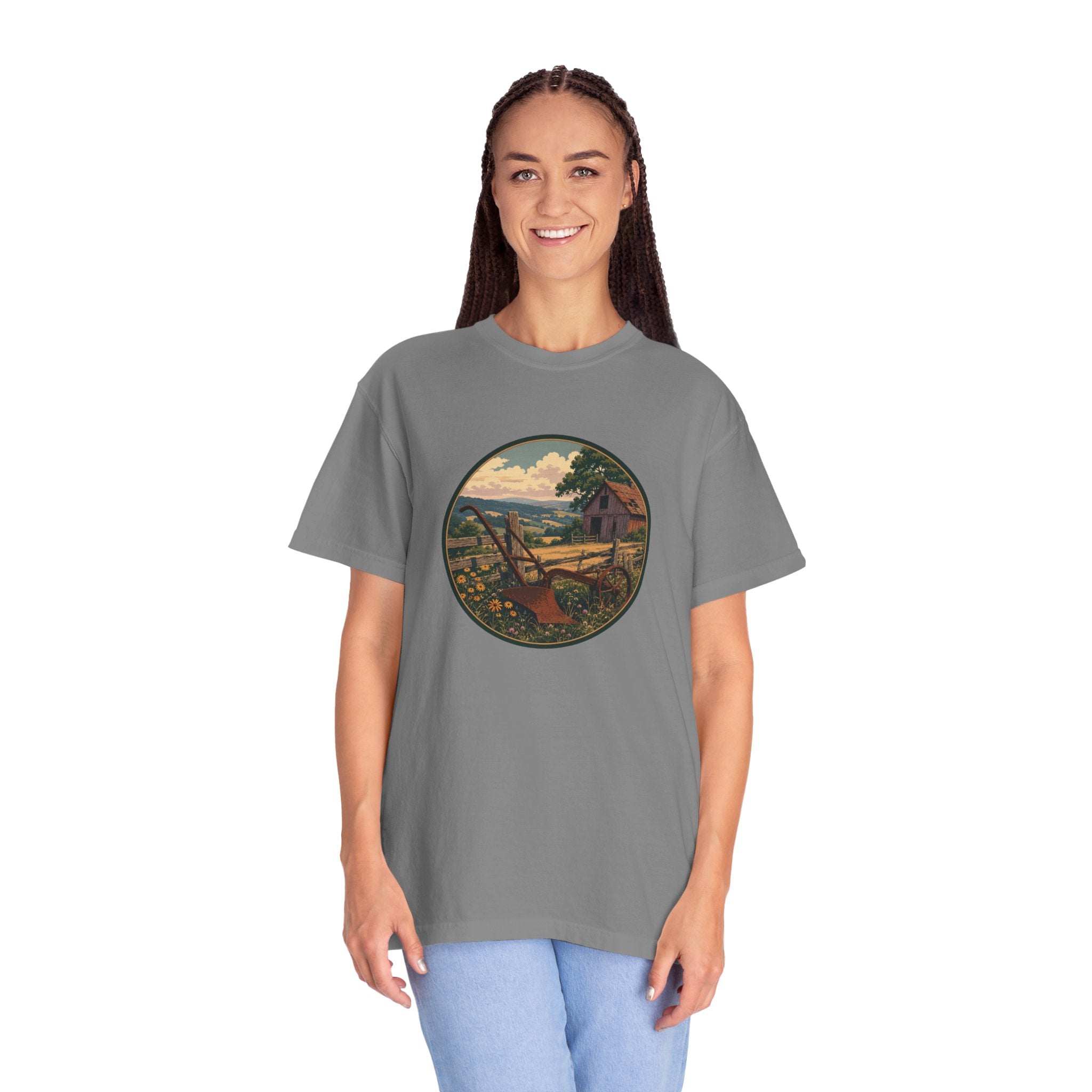 Vintage Countryside T-Shirt — Scenic Farm Landscape Graphic