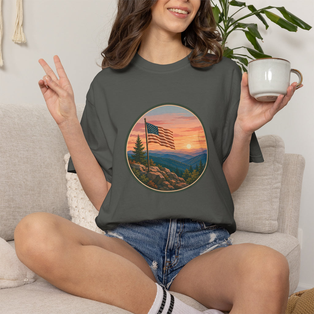 Flag Over Blue Ridge Mountains T-Shirt — Scenic Sunset American Flag Graphic Tee