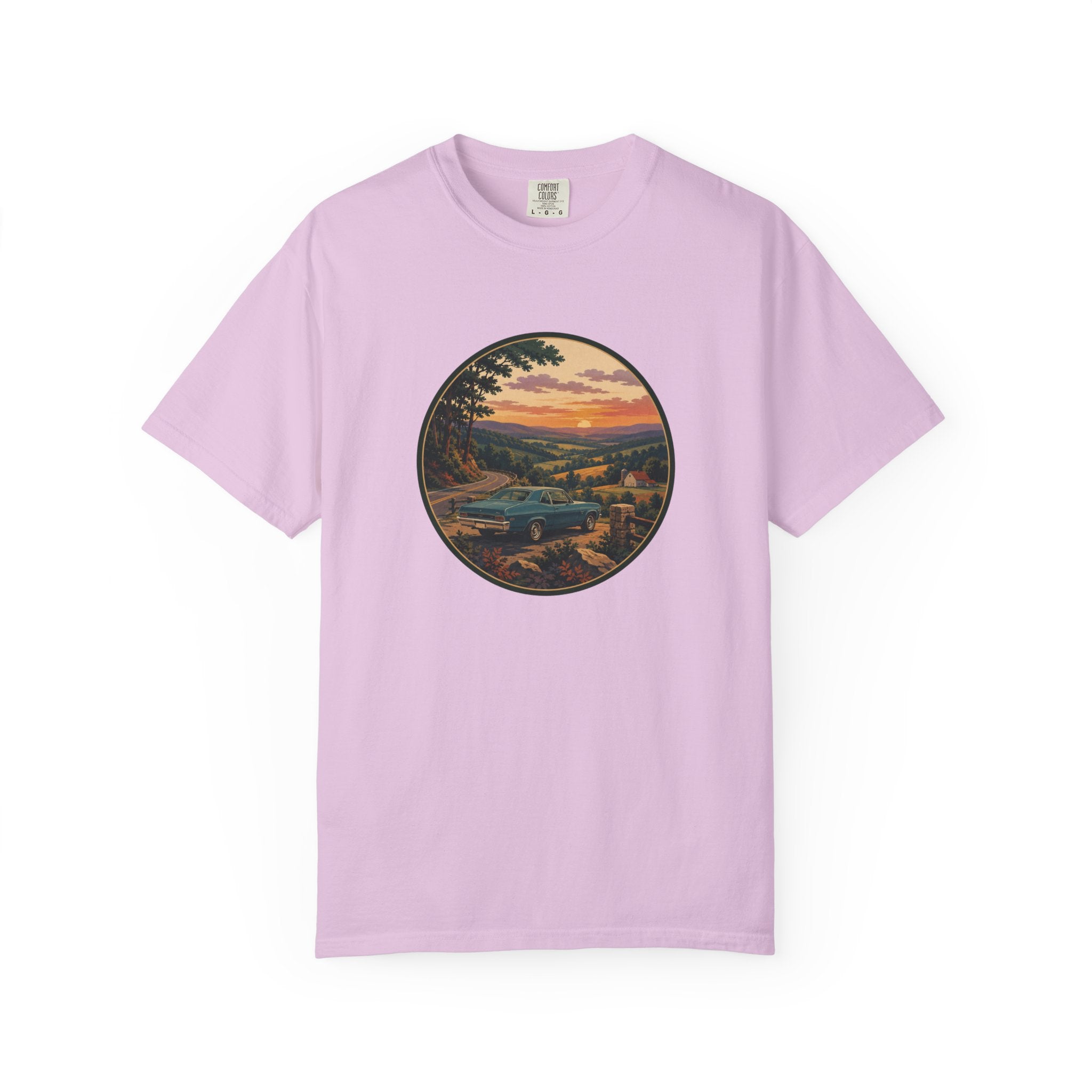 Sunset Valley Classic Car Landscape T-Shirt