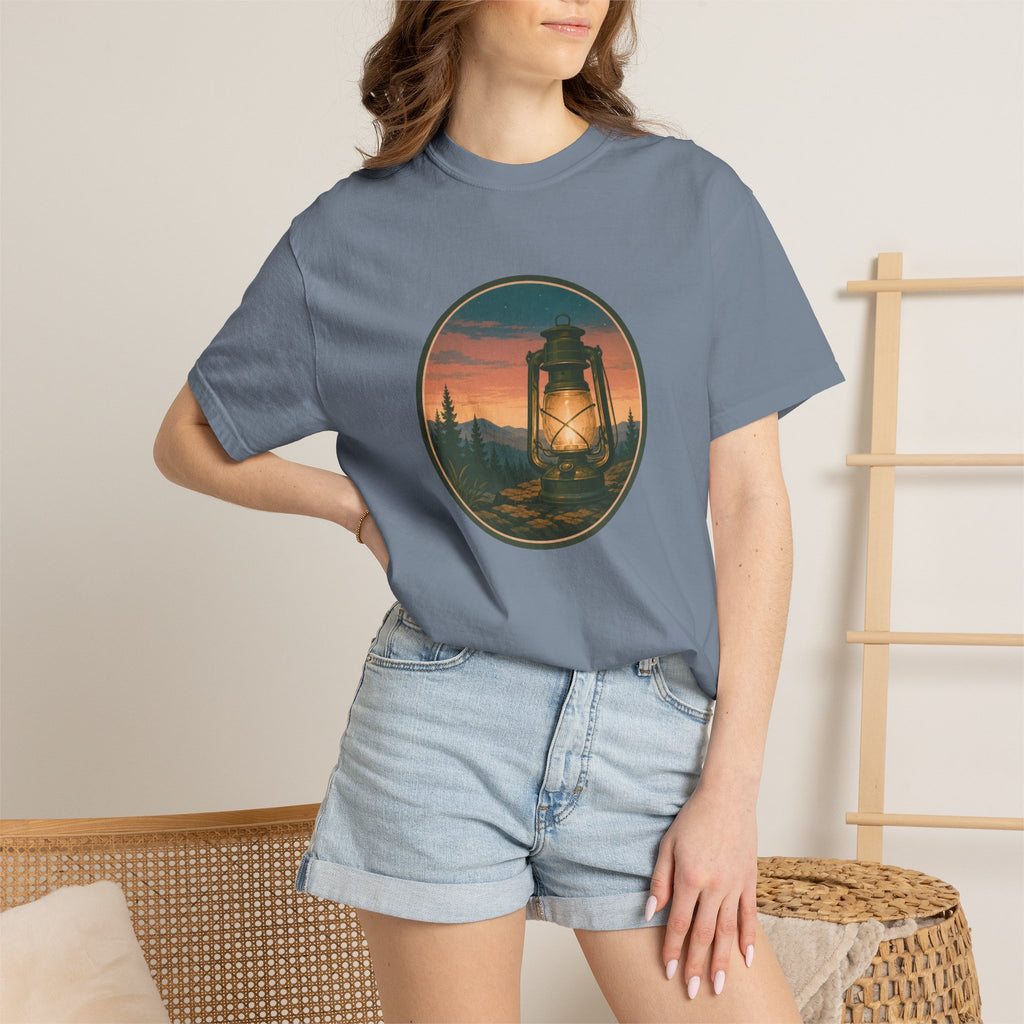 Lantern Sunset T-Shirt — Vintage Campfire Night Graphic Tee