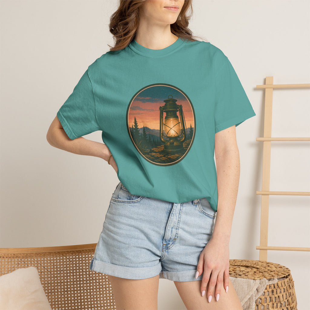 Lantern Sunset T-Shirt — Vintage Campfire Night Graphic Tee