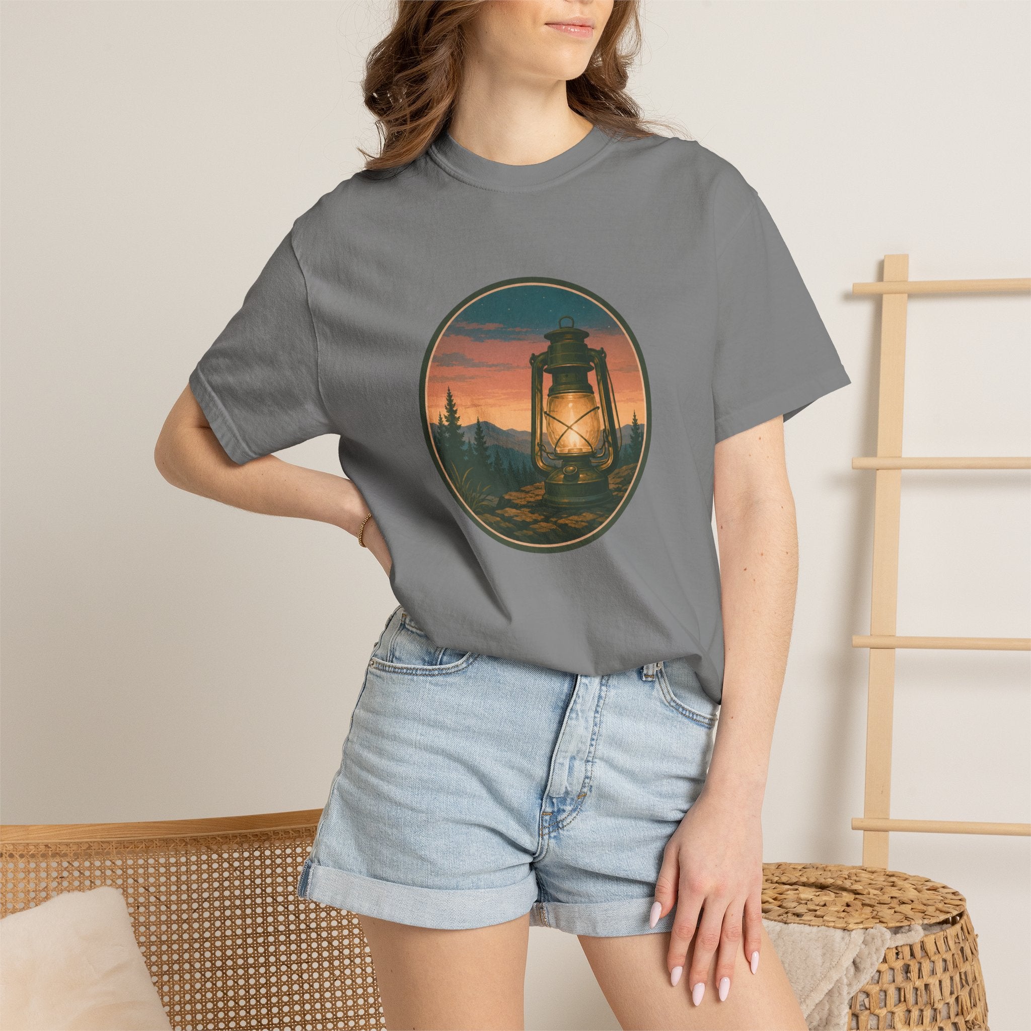 Lantern Sunset T-Shirt — Vintage Campfire Night Graphic Tee