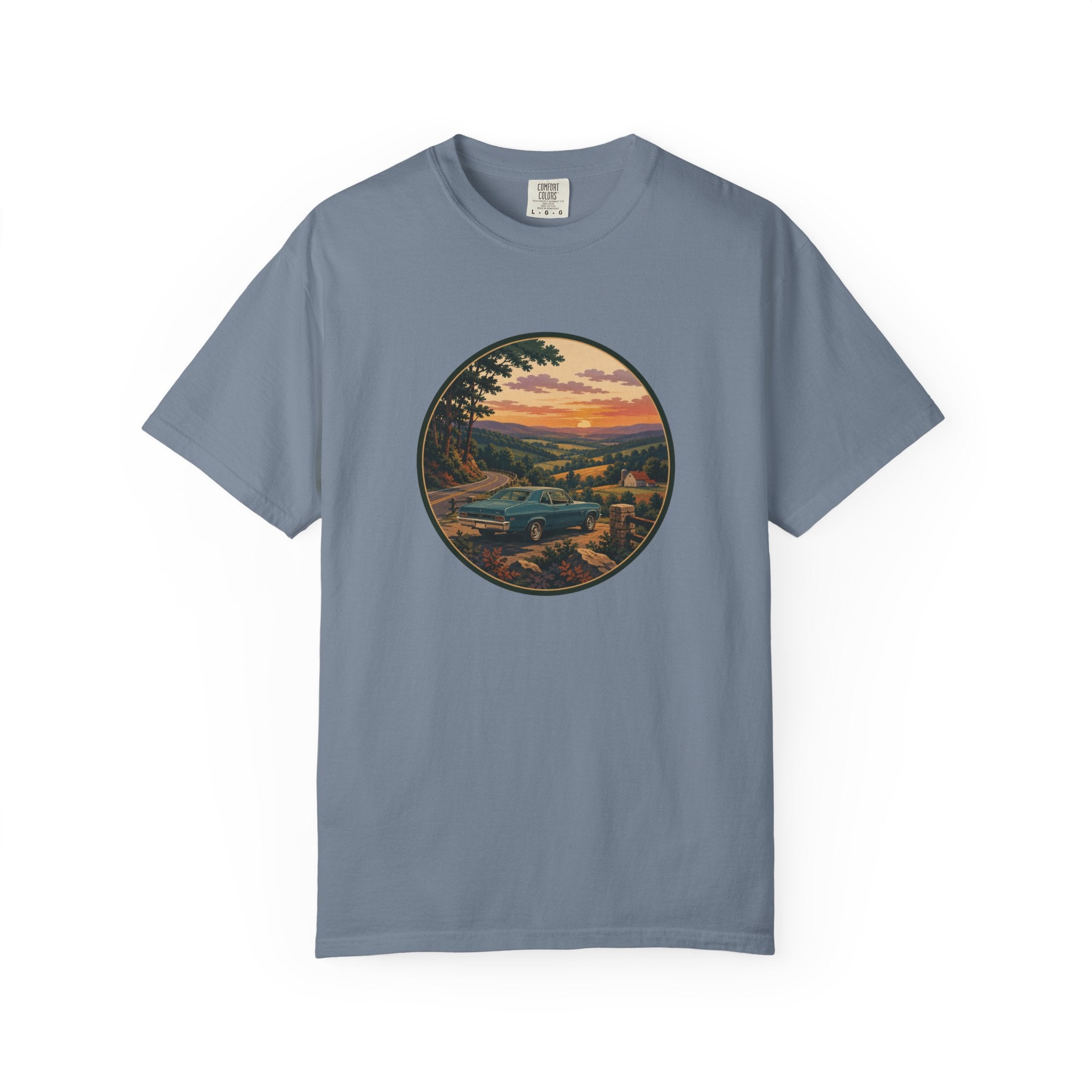 Sunset Valley Classic Car Landscape T-Shirt