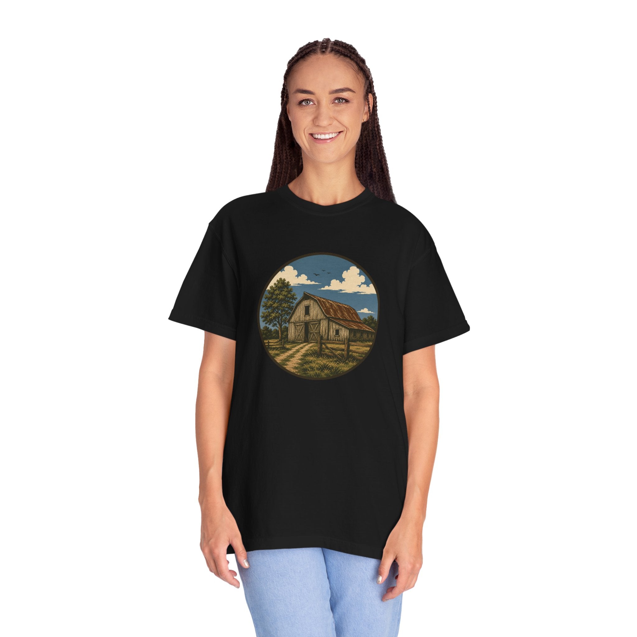 Barn Scene T-Shirt — Rustic Farmhouse Circle Graphic Tee