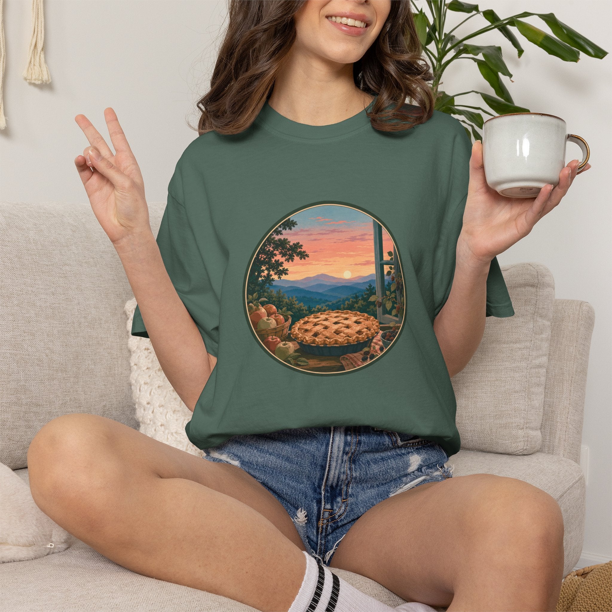 Scenic Pie Window T-Shirt — Sunset Mountain View Graphic Tee
