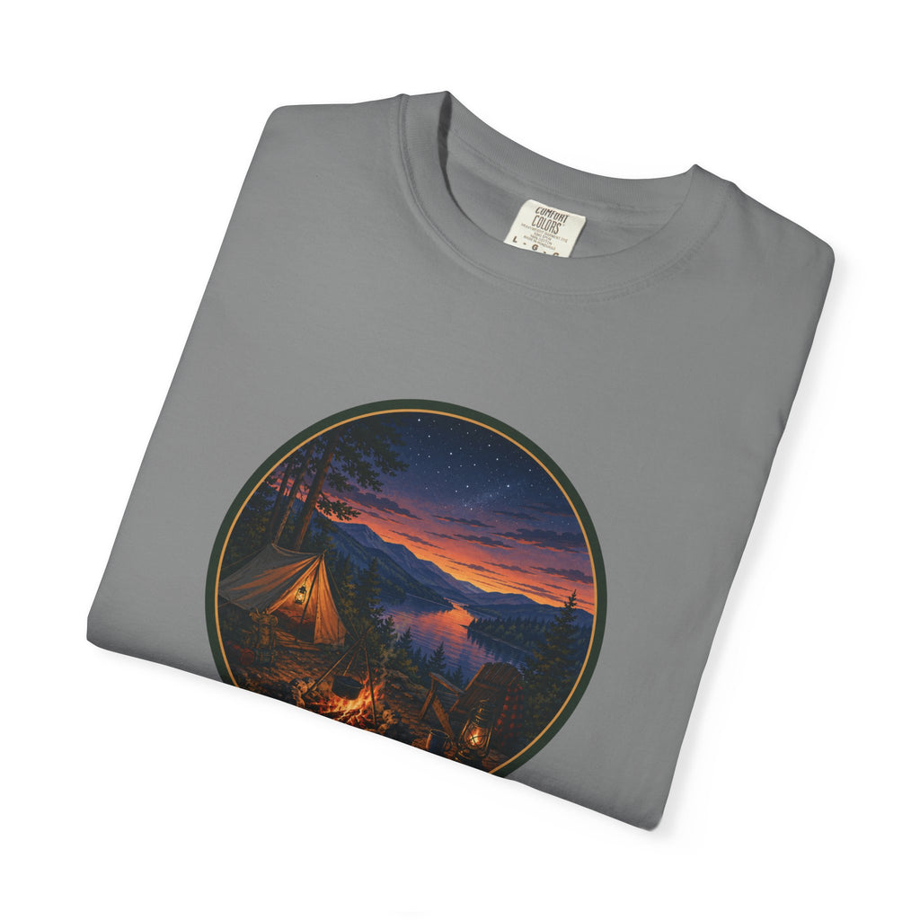 Camping Sunset T-Shirt — Riverside Campfire Night Scene