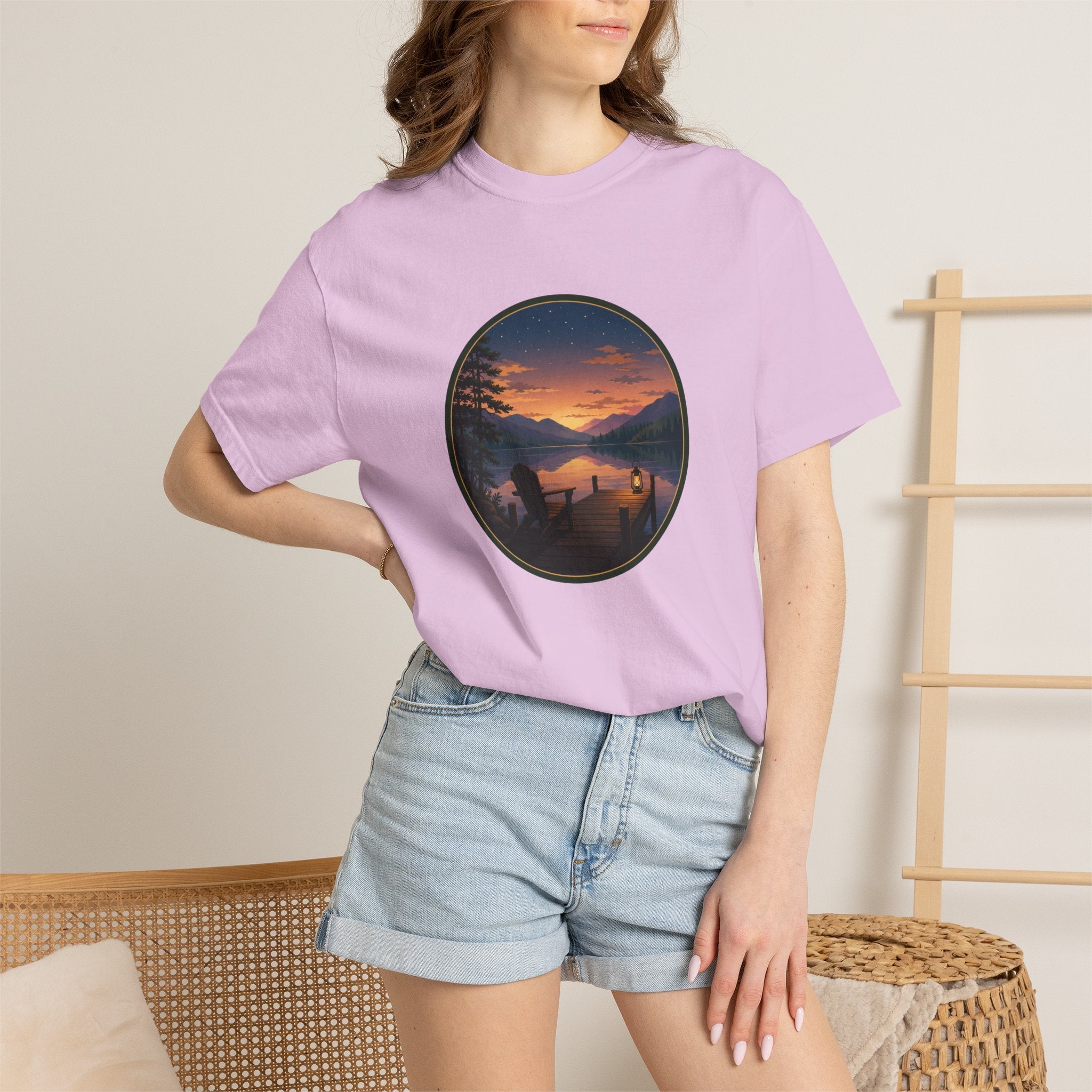 Sunset Lake Camping T-Shirt — Scenic Mountain Lantern Graphic
