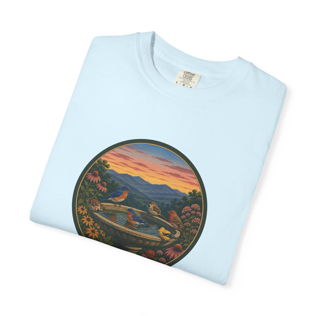 Sunset Garden Tee — Vintage Birdbath Landscape T-Shirt