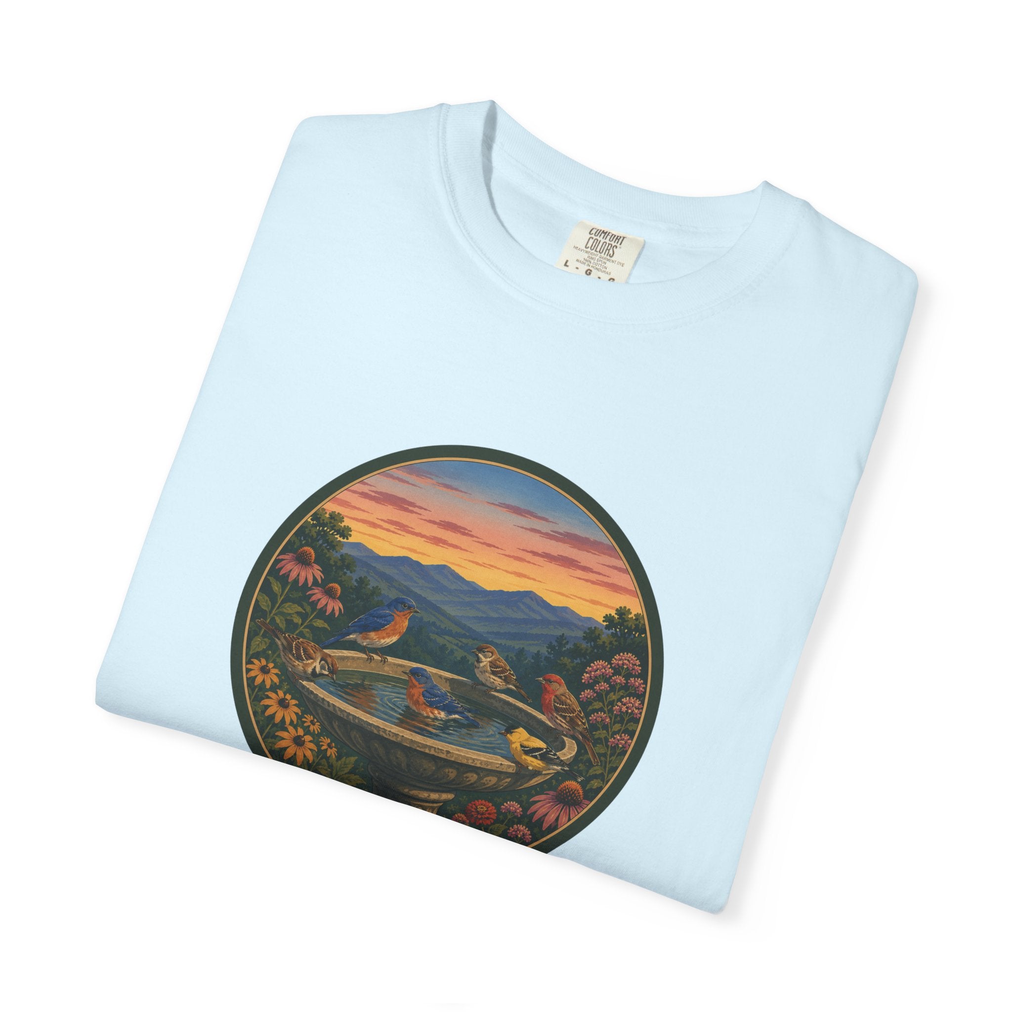 Sunset Garden Tee — Vintage Birdbath Landscape T-Shirt
