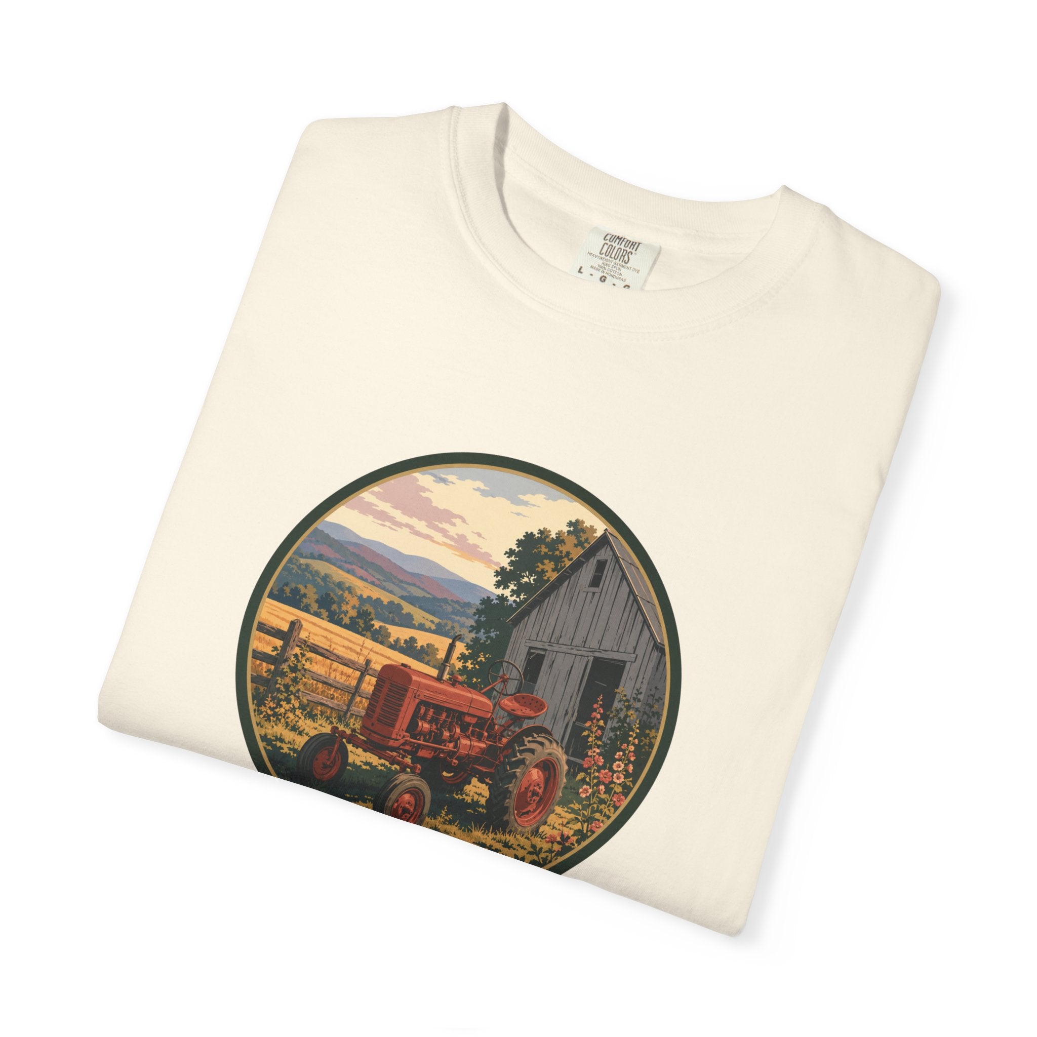 Vintage Farm Tractor T-Shirt — Rustic Barnyard Sunset Graphic Tee