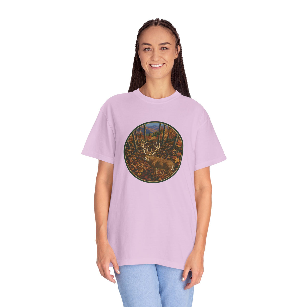 Whitetail BuckT-Shirt — Autumn Forest Deer Circle Graphic