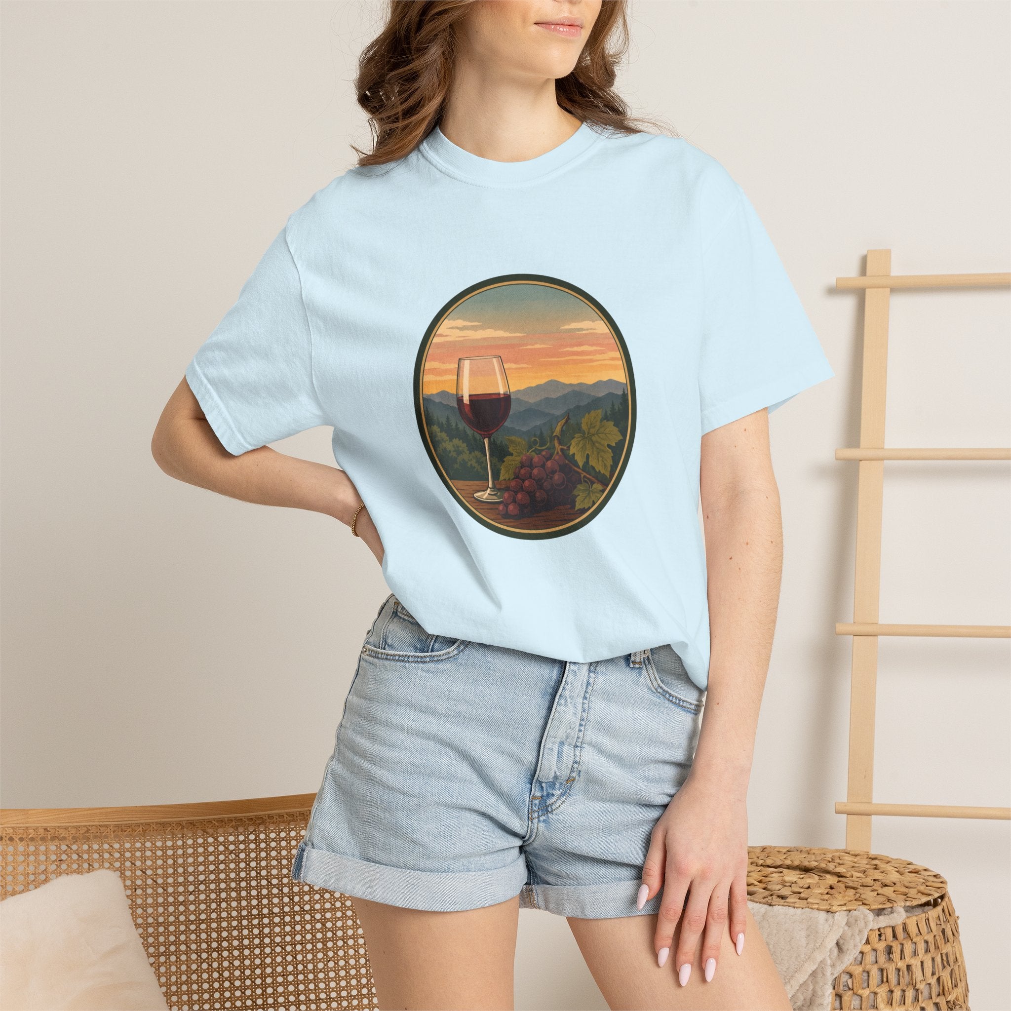 Wine Sunset T-Shirt — Vineyard Glass & Grapes Scenic Tee