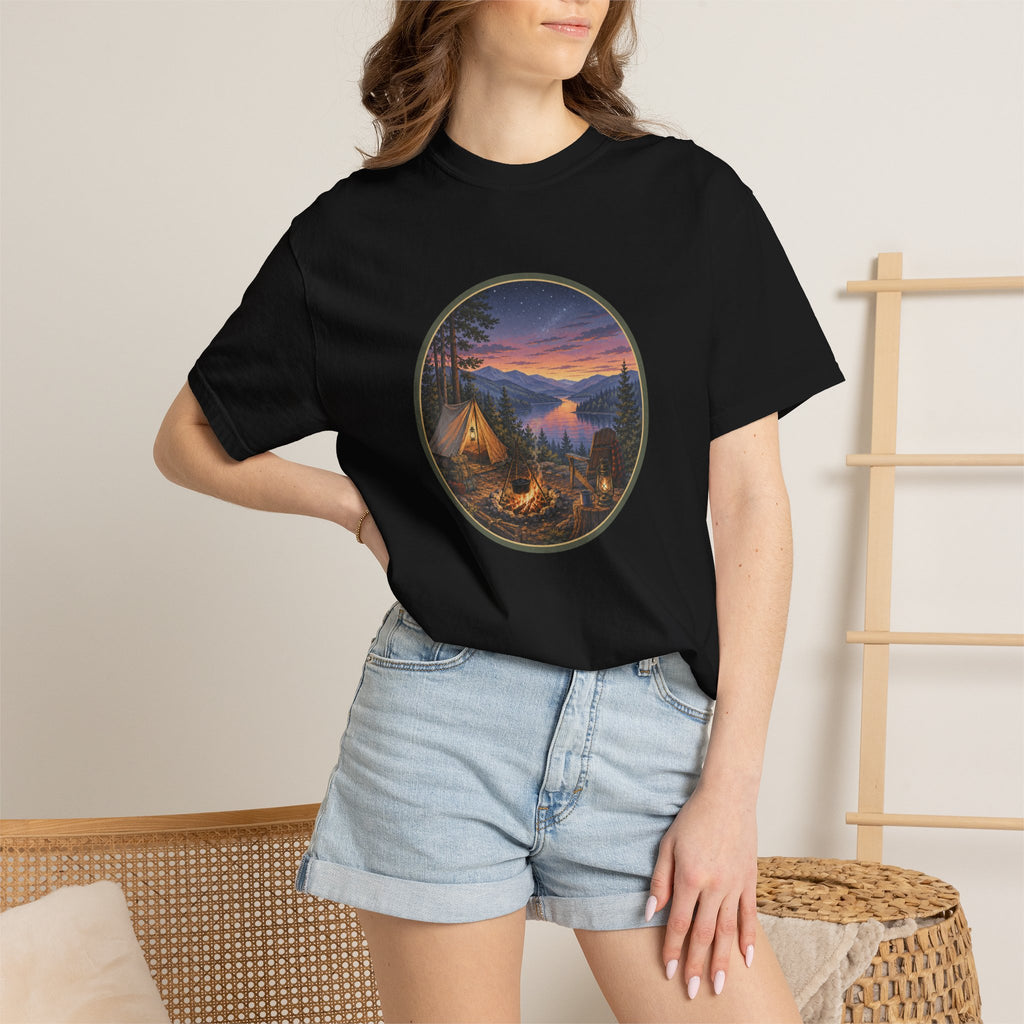 Camping Sunset T-Shirt — Riverside Campfire Night Scene