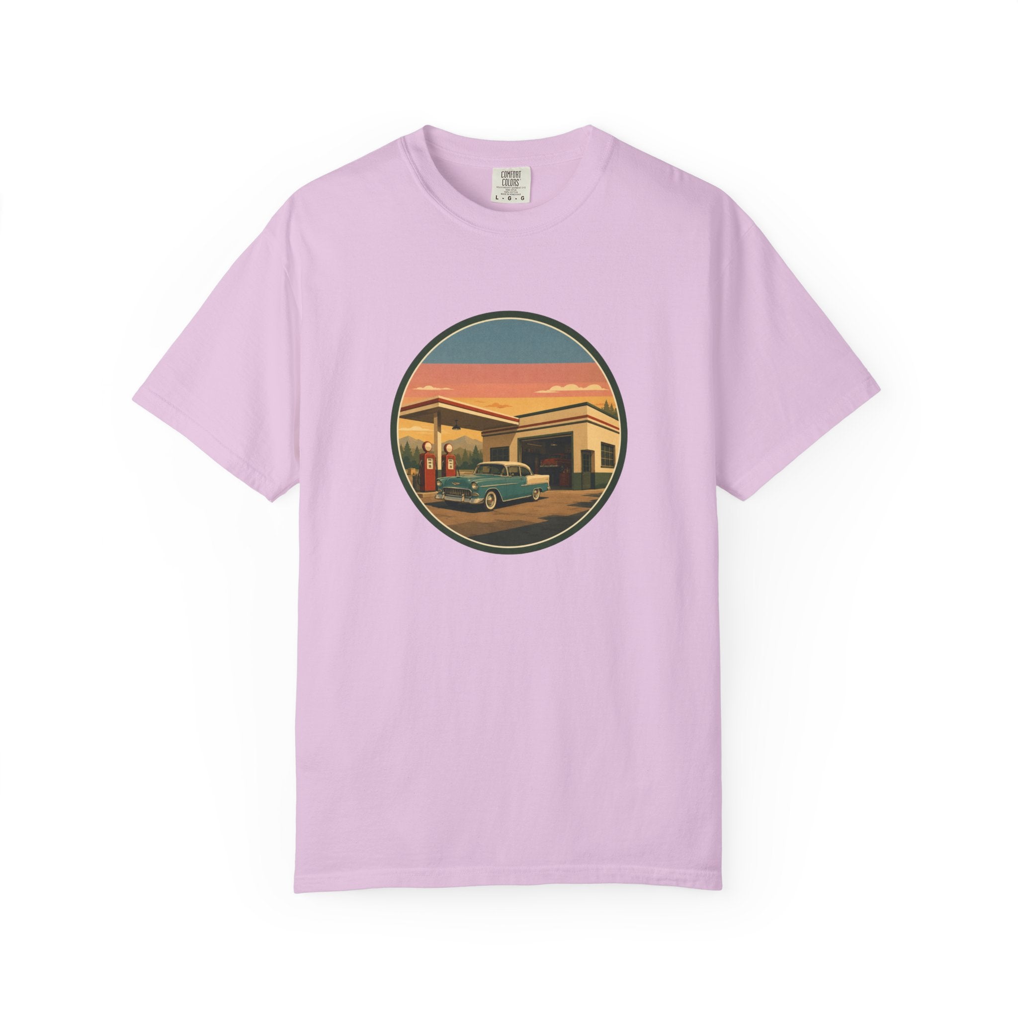 Retro Gas Station T-Shirt — Vintage Sunset Roadside Design