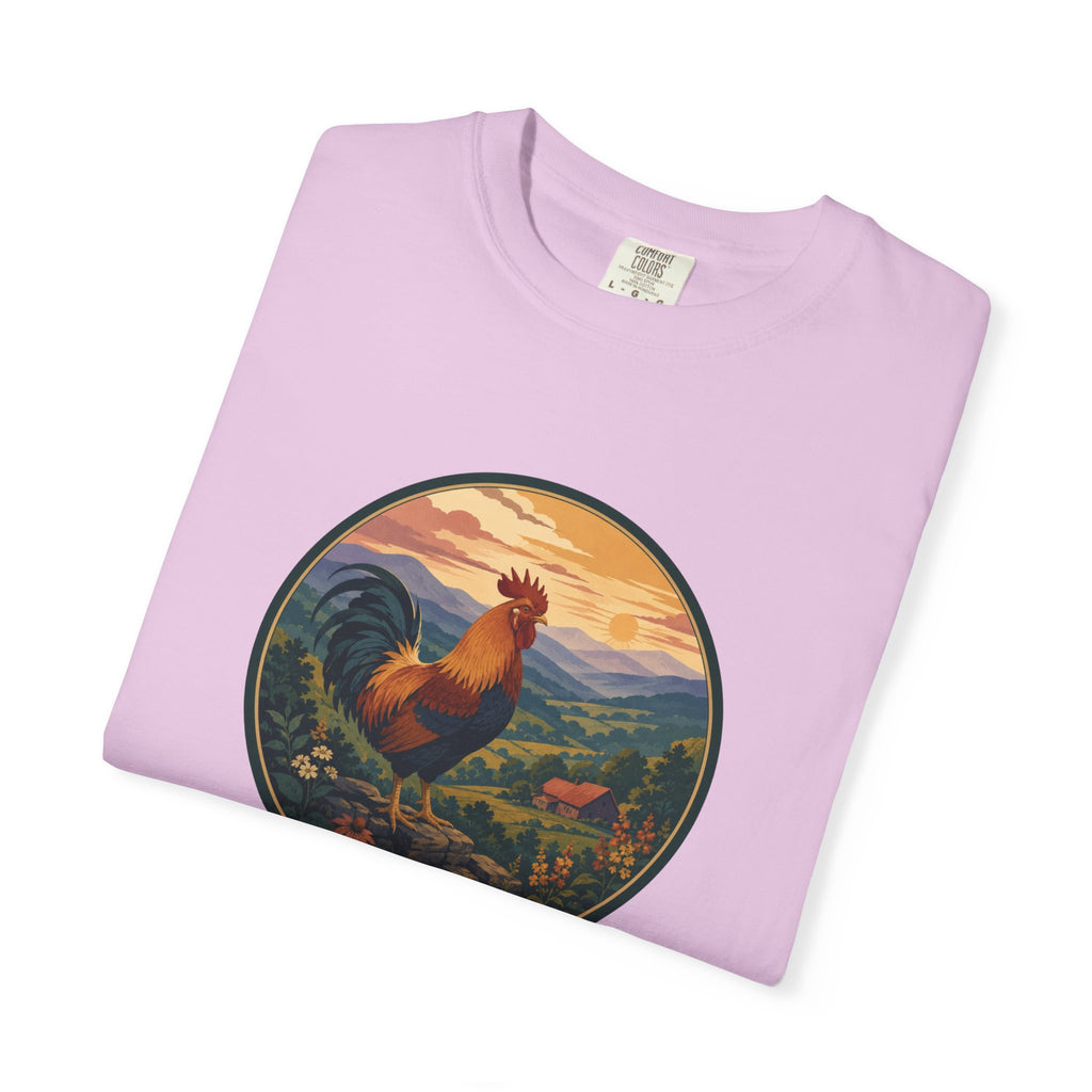 Blue Ridge Rooster Sunrise T-Shirt — Vintage Farm Scene Tee
