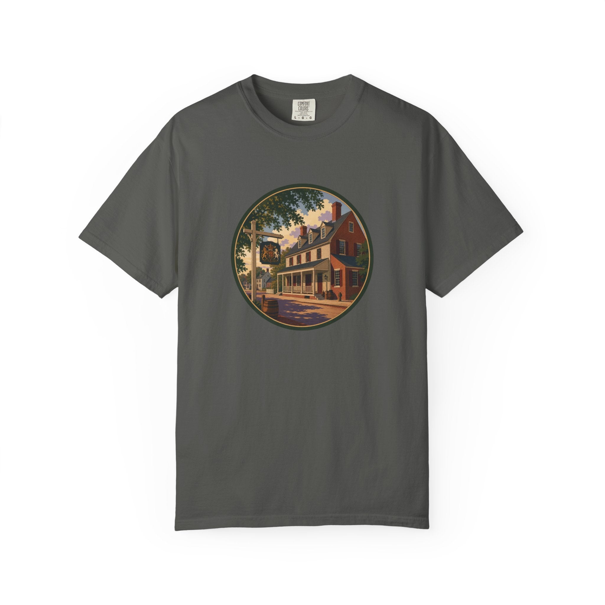 Historic Main Street Tavern T-Shirt — Colonial Village Scene Tee