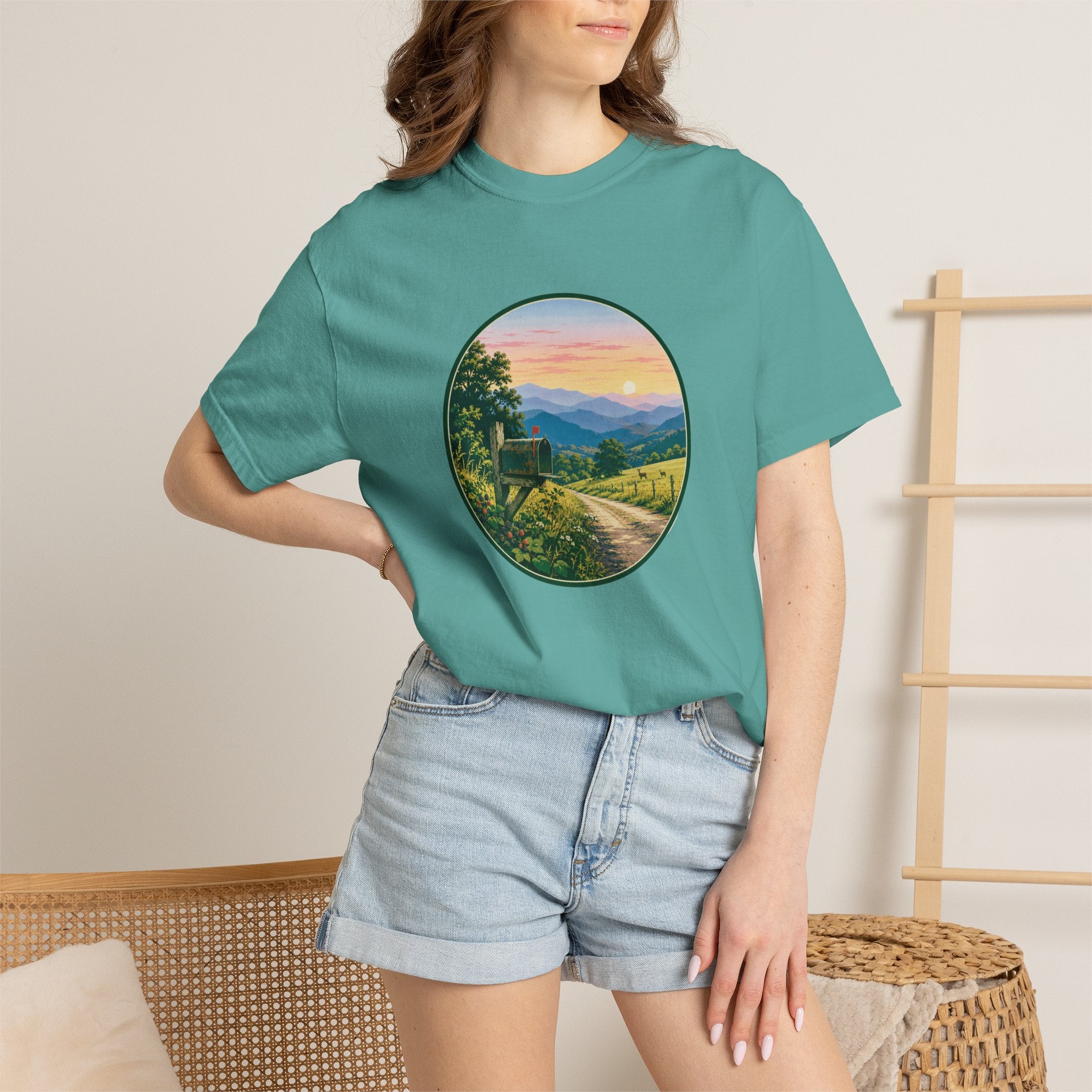 Scenic Backroad Sunset T-Shirt — Vintage Mailbox Circle Landscape Tee