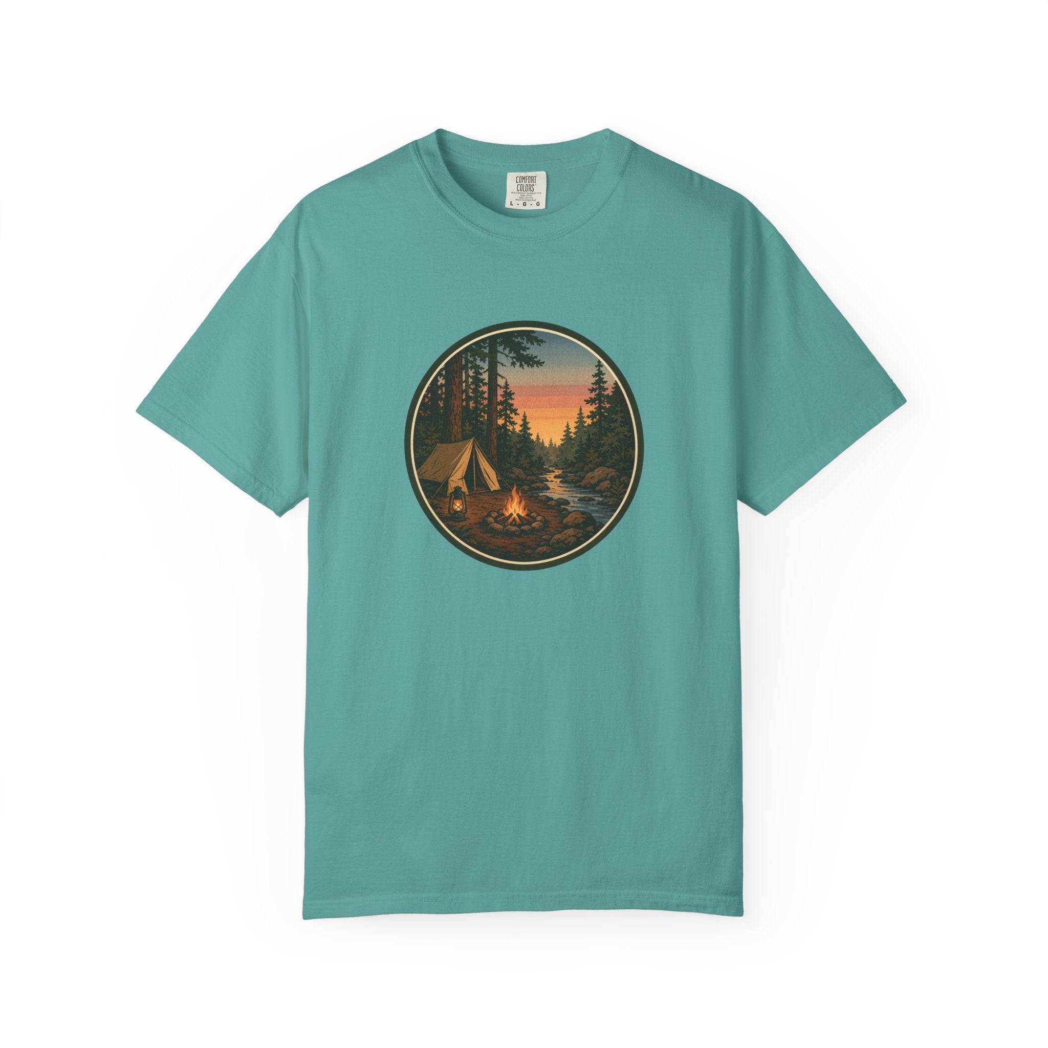 Camping Sunset T-Shirt — Vintage Tent & Campfire Graphic