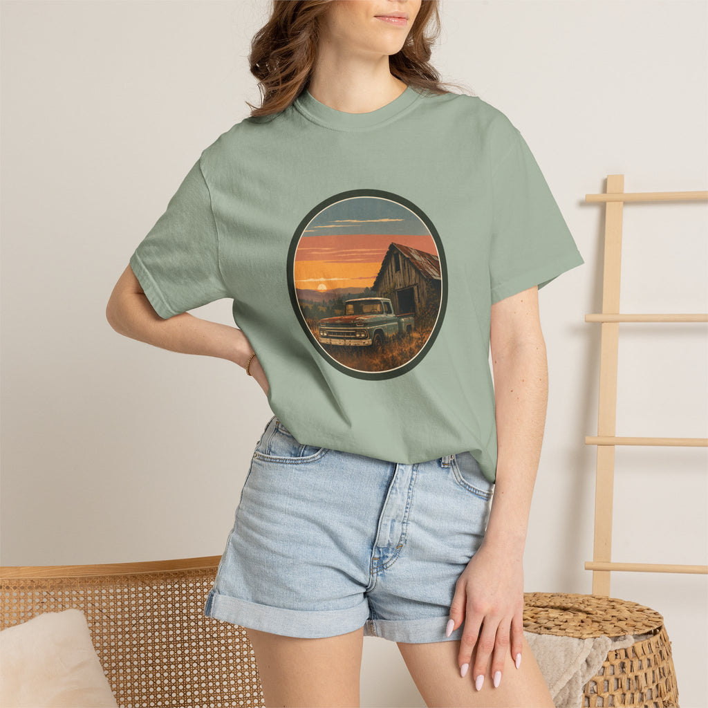Vintage Sunset Barn T-Shirt — Retro Truck Farm Scene