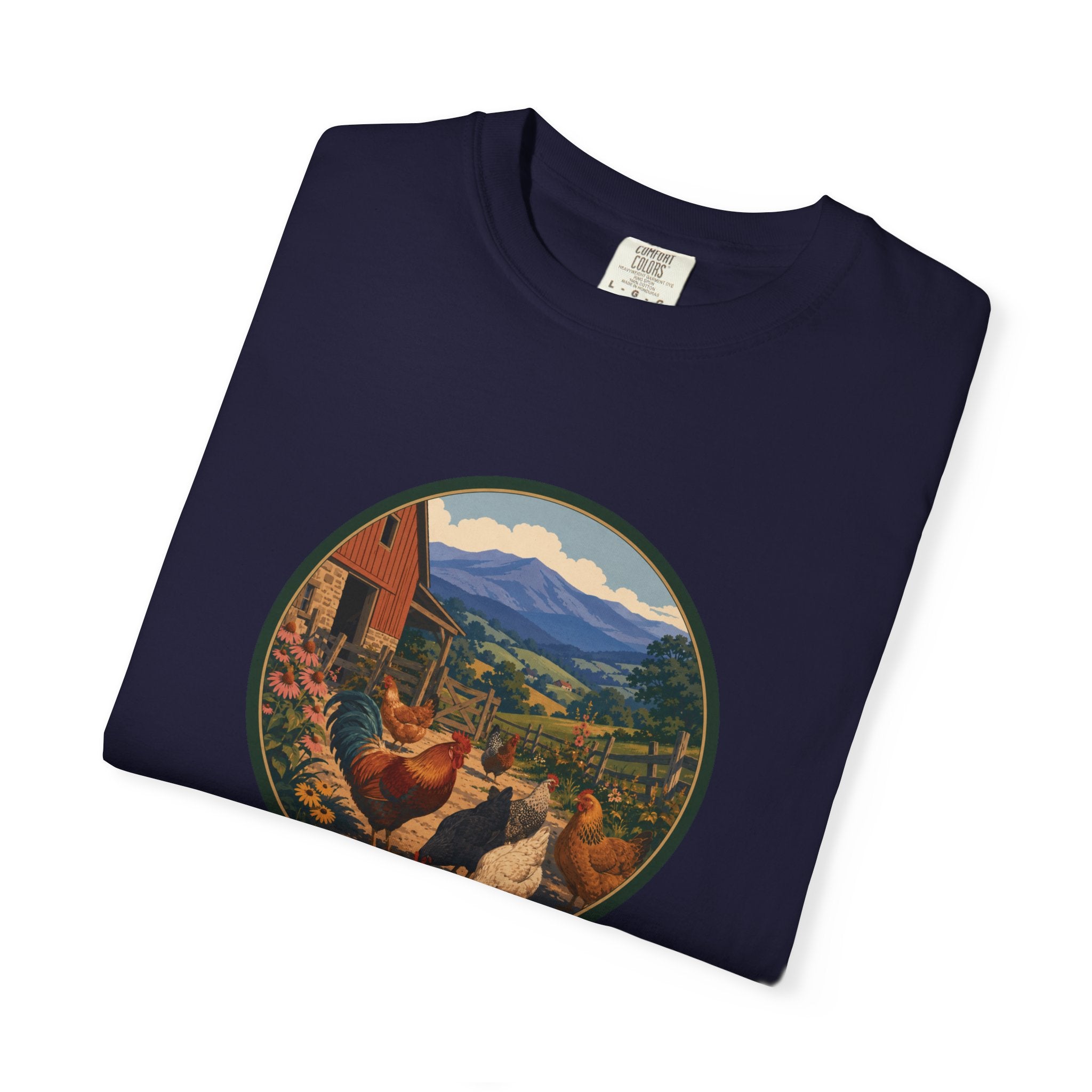 Chicken Farm Vintage Tee — Pastoral Hen Scene T-Shirt