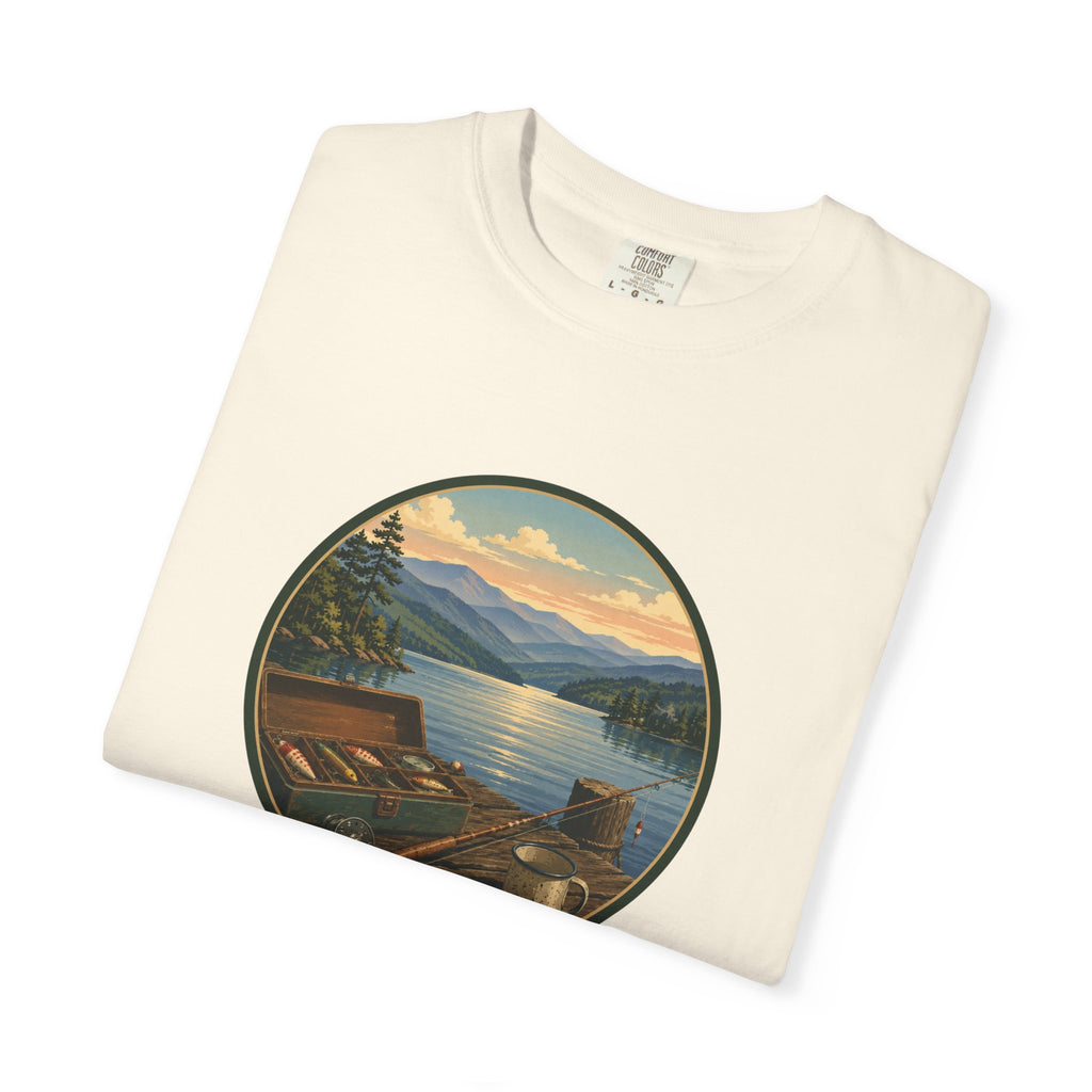 Vintage Fishing Tackle T-Shirt — Mountain View Dock Scene Tee