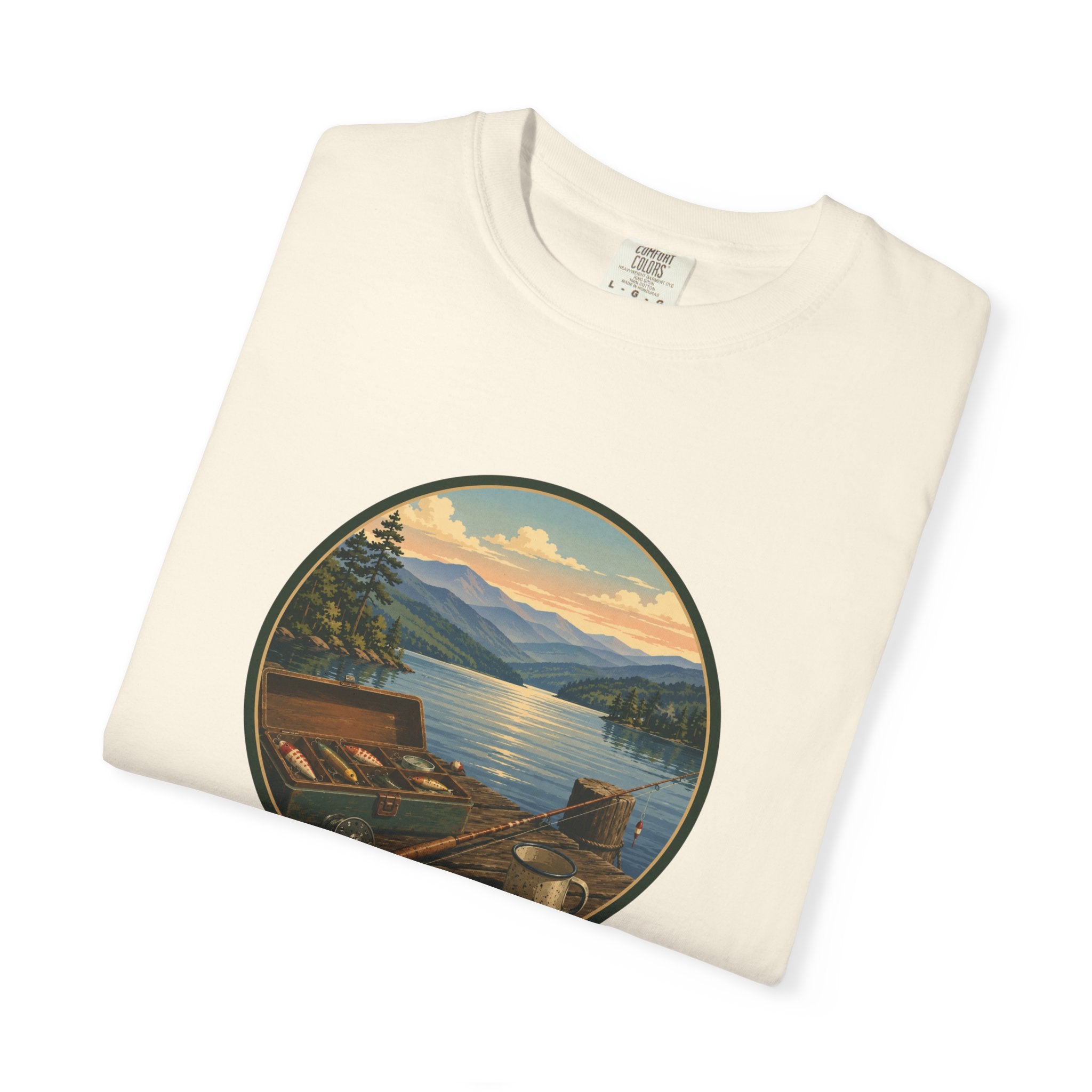 Vintage Fishing Tackle T-Shirt — Mountain View Dock Scene Tee
