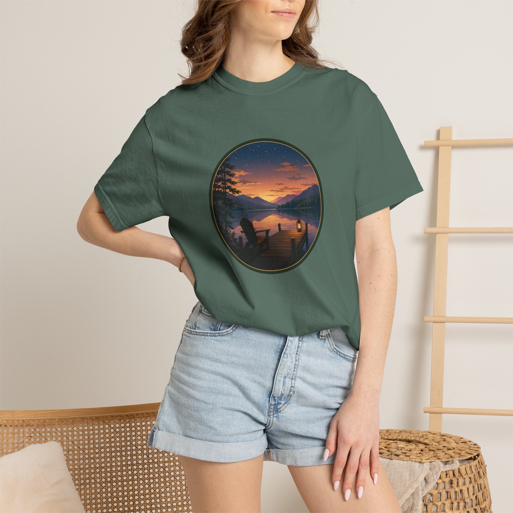 Sunset Lake Camping T-Shirt — Scenic Mountain Lantern Graphic