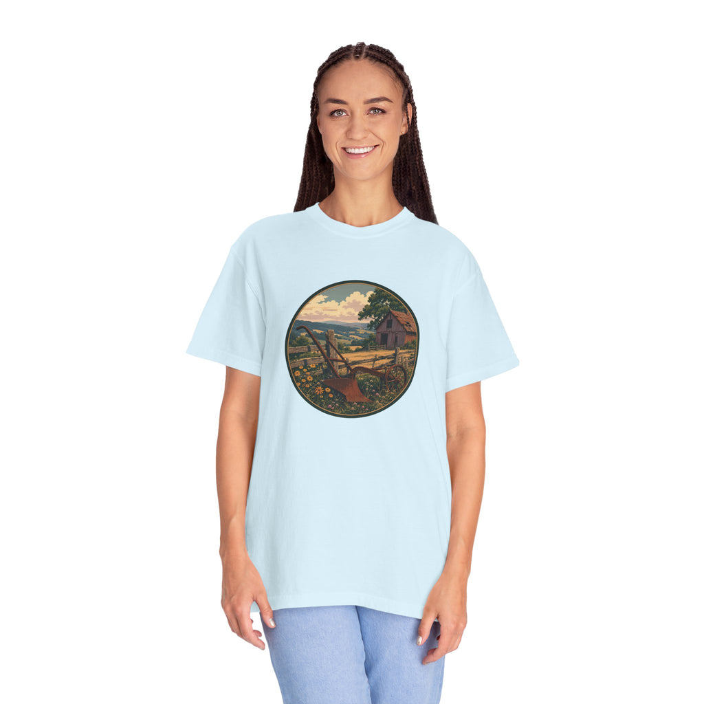 Vintage Countryside T-Shirt — Scenic Farm Landscape Graphic