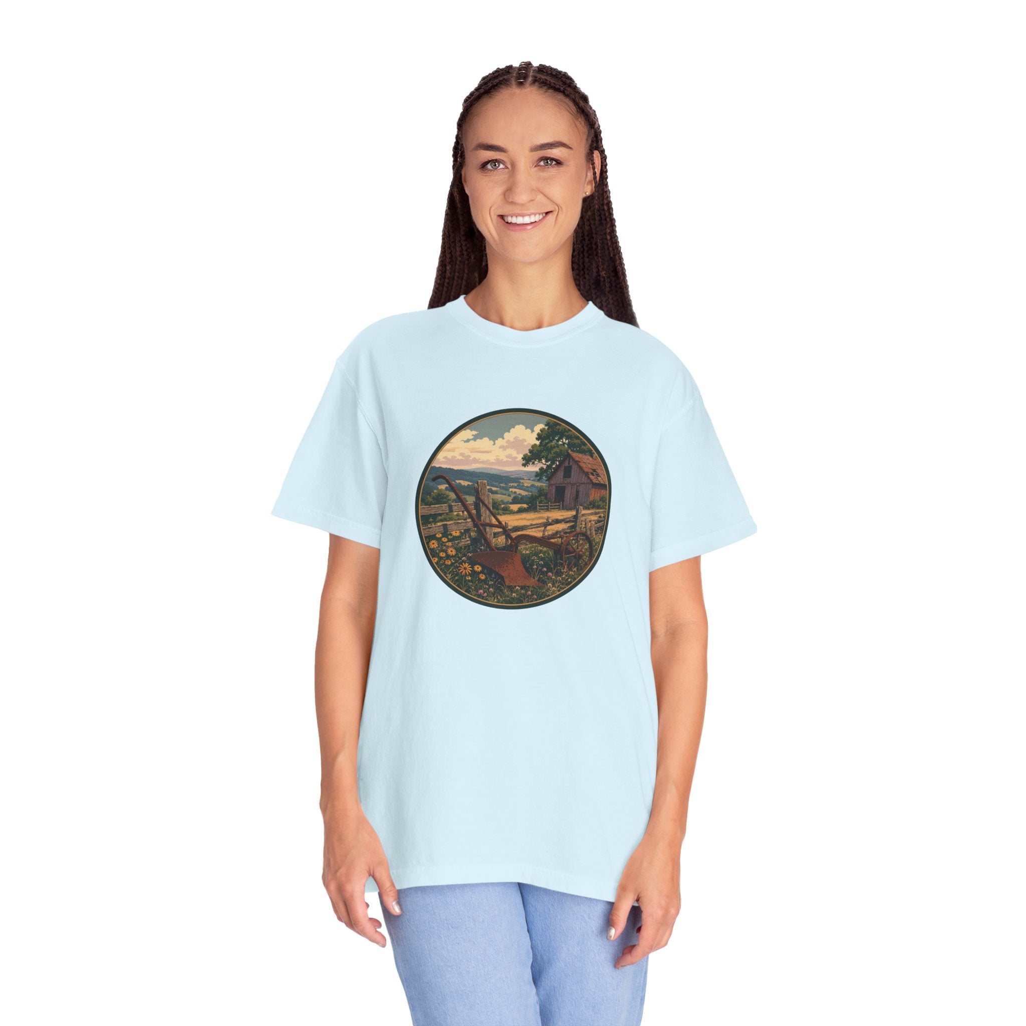Vintage Countryside T-Shirt — Scenic Farm Landscape Graphic