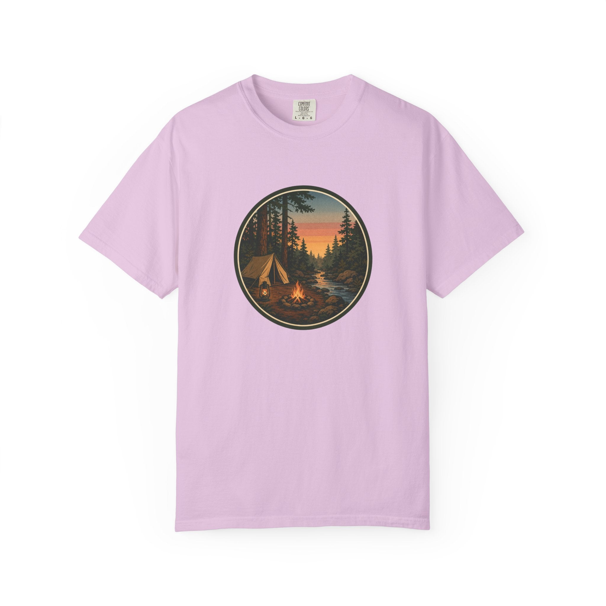 Camping Sunset T-Shirt — Vintage Tent & Campfire Graphic