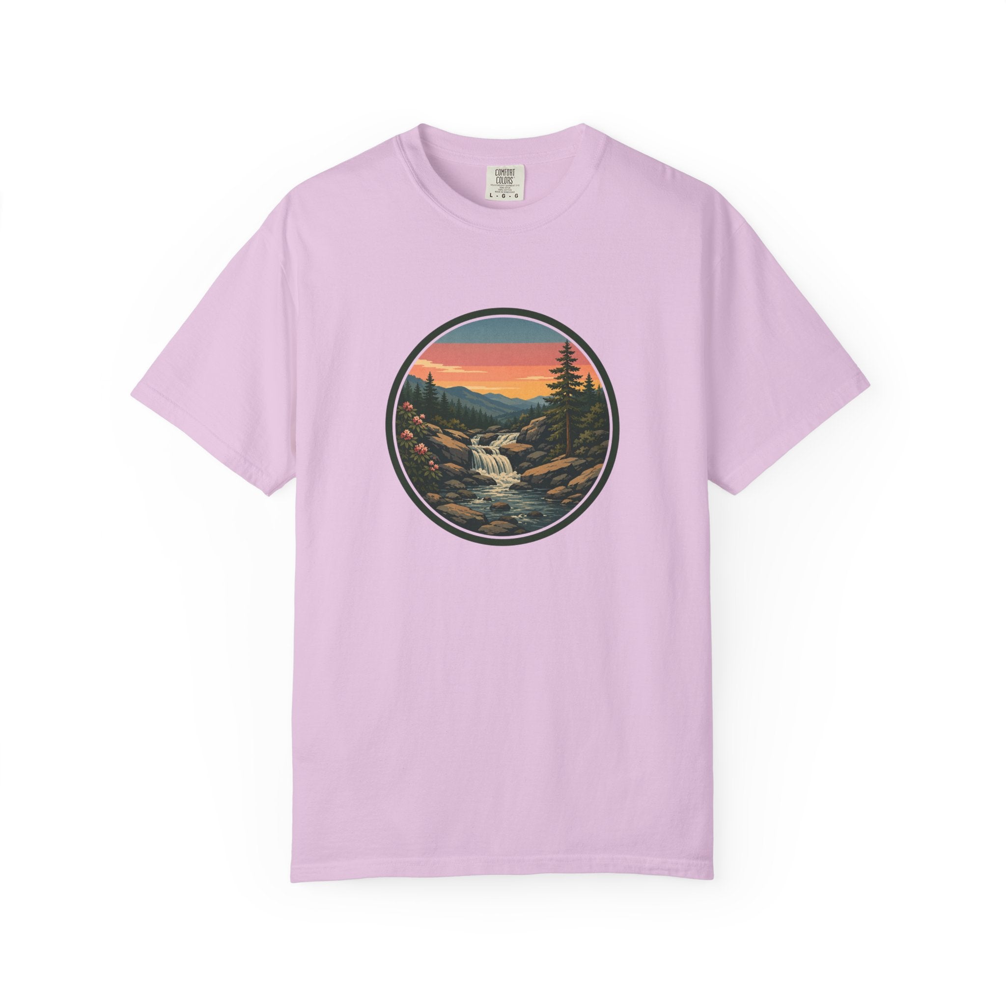 Scenic Waterfall T‑Shirt — Sunset Wilderness Nature Graphic