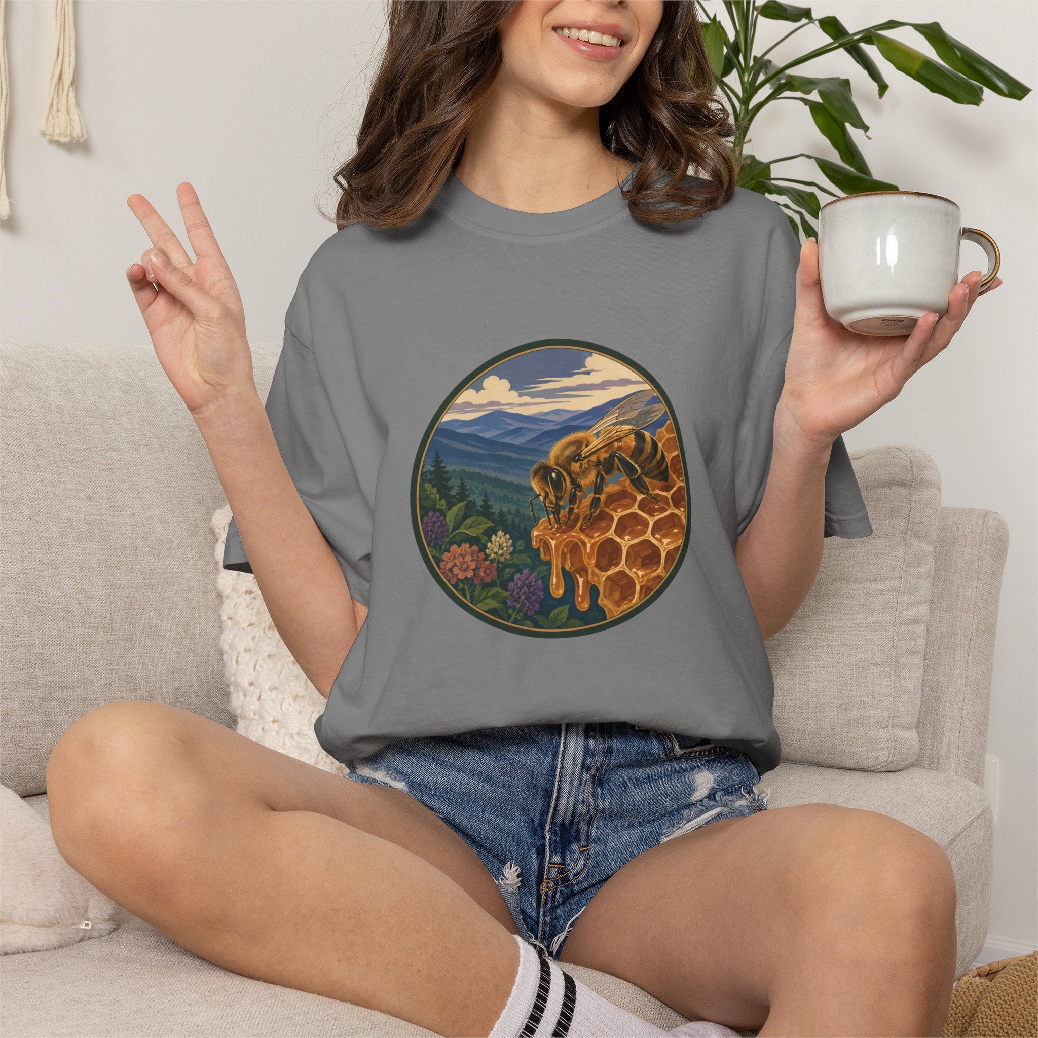 Honey Bee & Mountains Graphic T-Shirt — Honeycomb Nature Illustration
