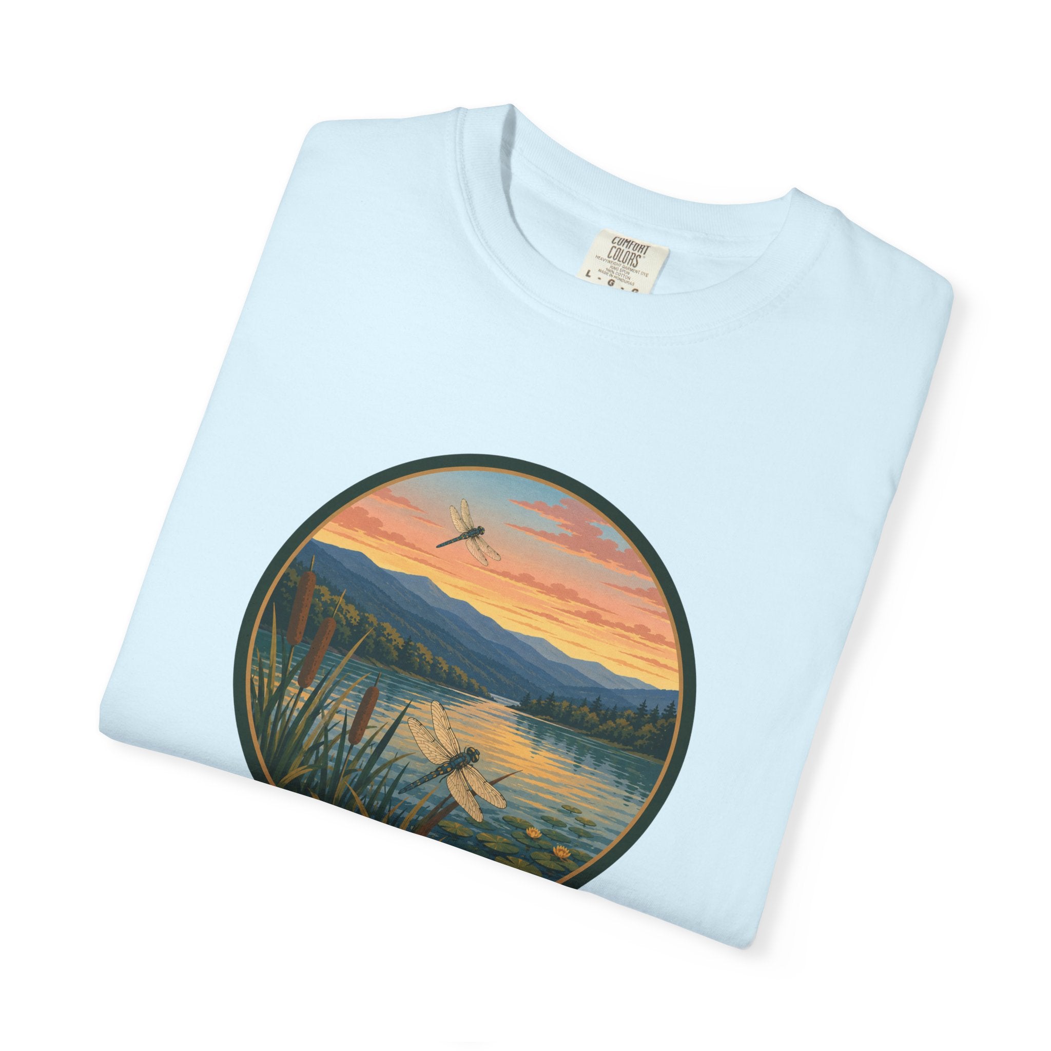 Dragonfly Sunset Lake Scene T-Shirt — Scenic Mountain Nature Tee