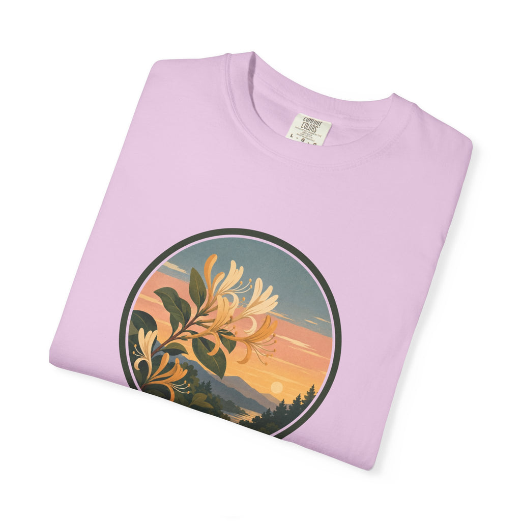 Sunset Honeysuckle T-Shirt — Floral Sunset Circle Graphic Tee