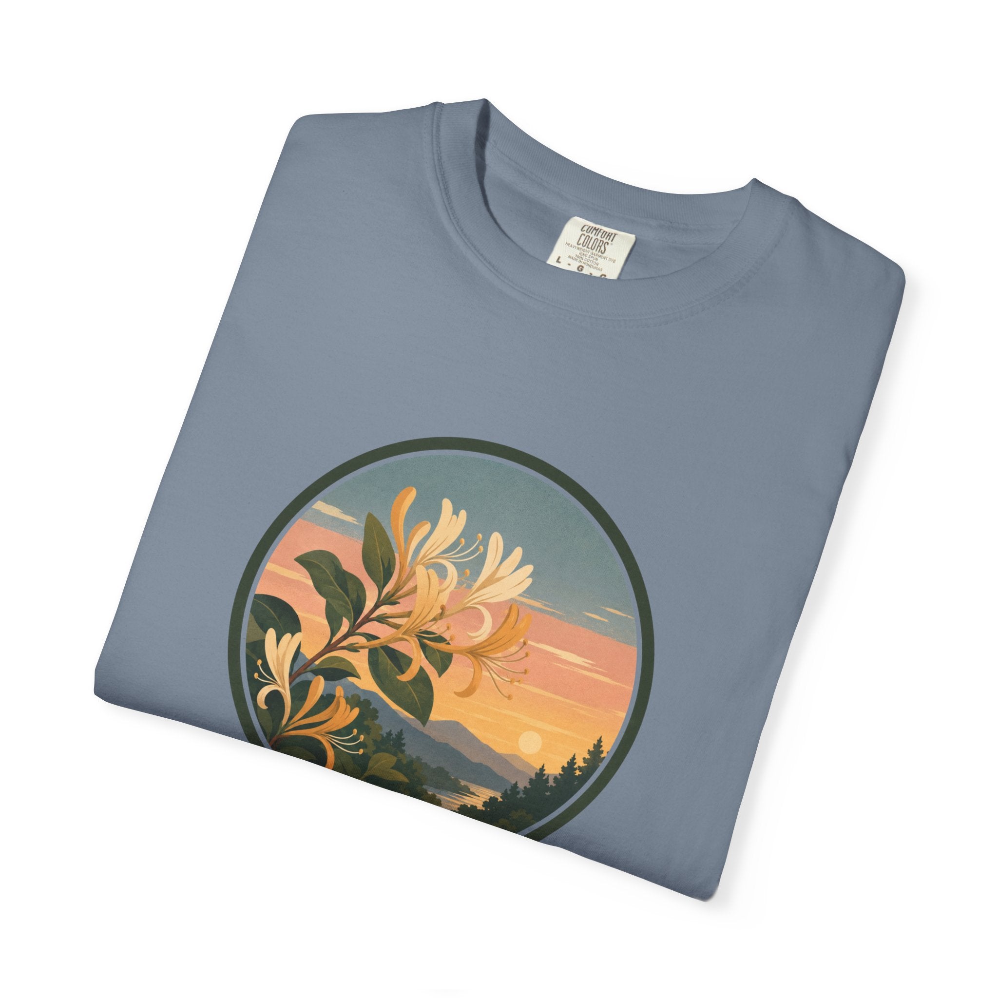 Sunset Honeysuckle T-Shirt — Floral Sunset Circle Graphic Tee