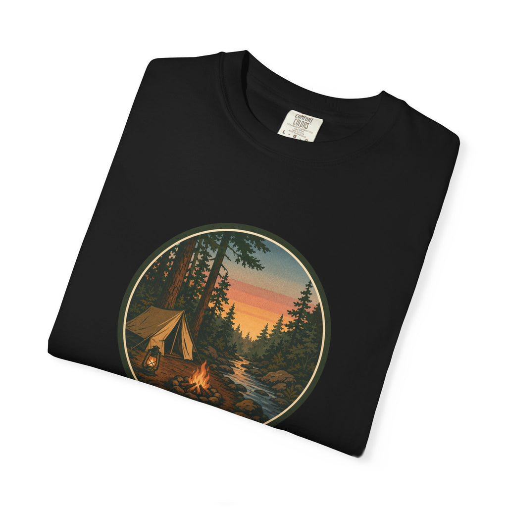 Camping Sunset T-Shirt — Vintage Tent & Campfire Graphic