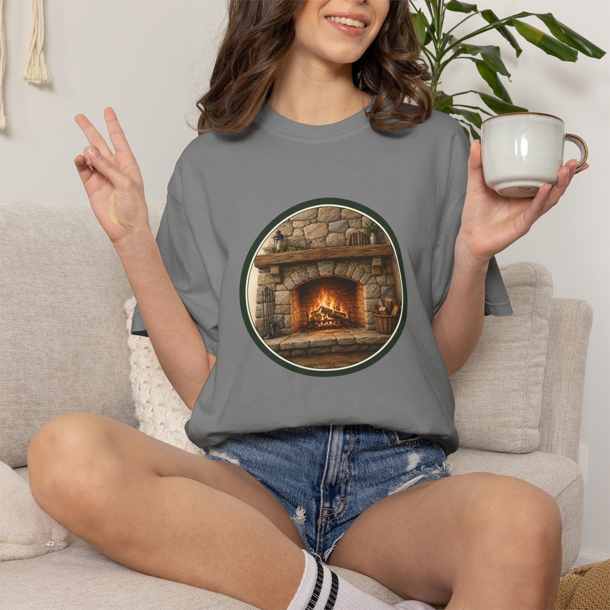 Cozy Fireplace Graphic T-Shirt — Vintage Hearth Circle Design