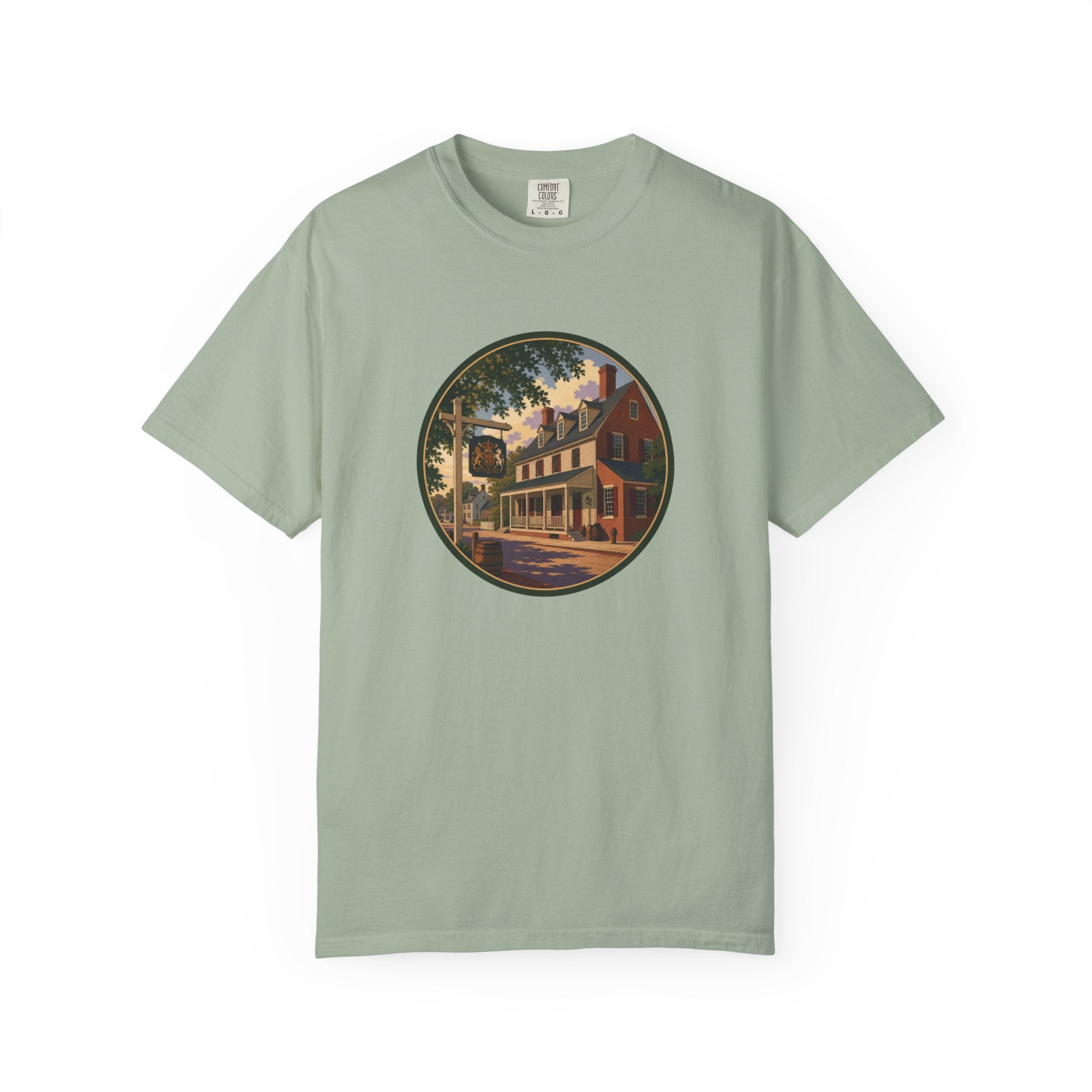 Historic Main Street Tavern T-Shirt — Colonial Village Scene Tee