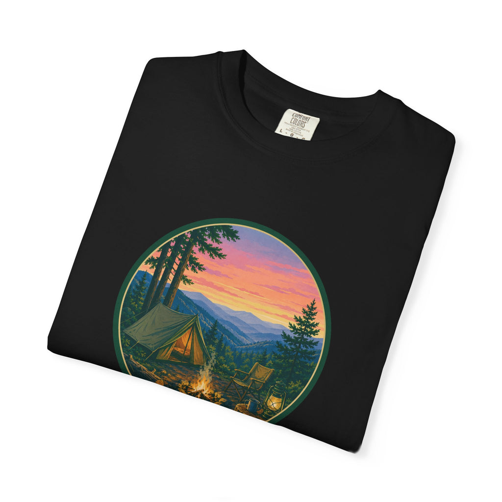 Camping Sunset T-Shirt — Vintage Campfire Scene Tee
