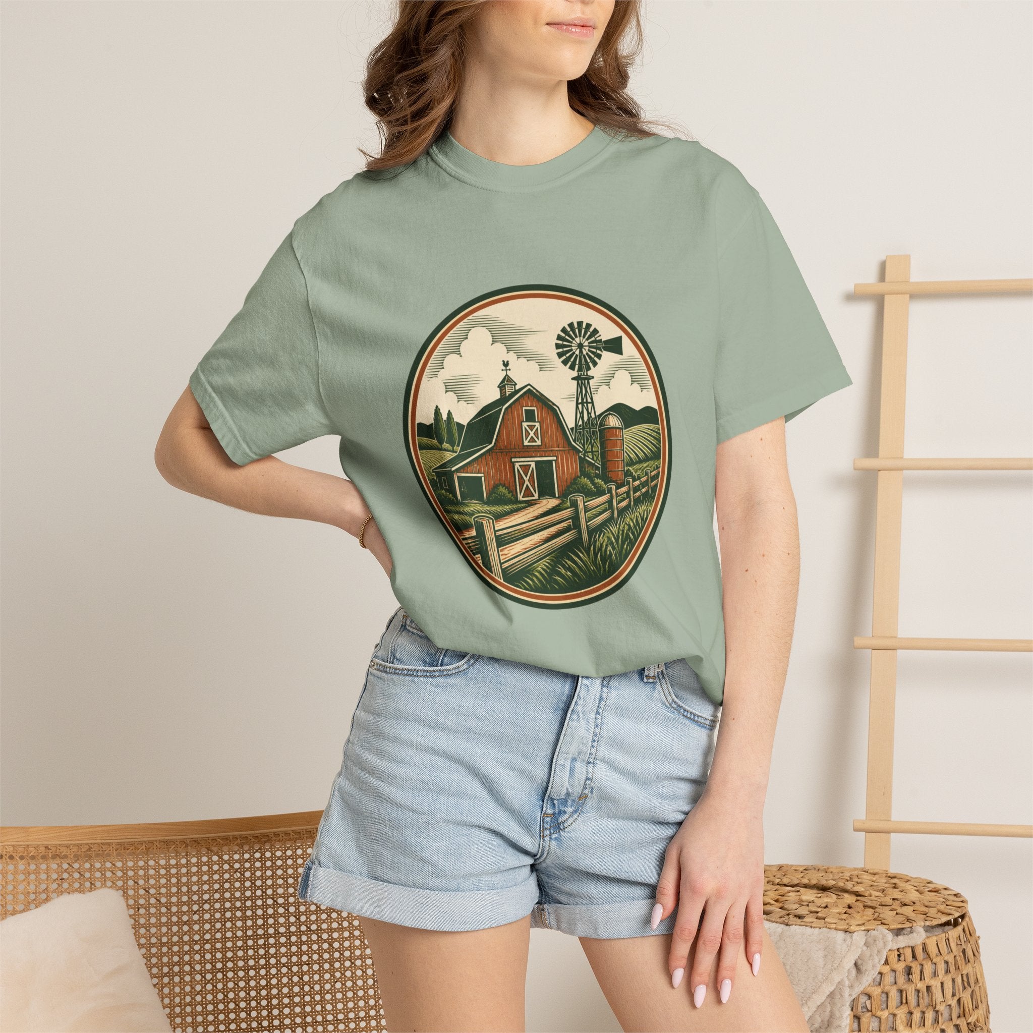 Barn & Windmill Farm T-Shirt — Vintage Rural Landscape Tee