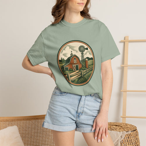 Barn & Windmill Farm T-Shirt — Vintage Rural Landscape Tee