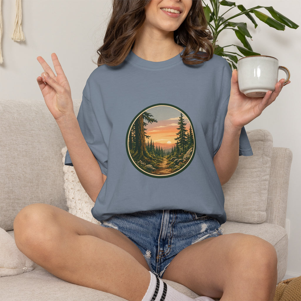 Sunset Hiking Trail Circle T-Shirt — Scenic Mountain Trail Tee