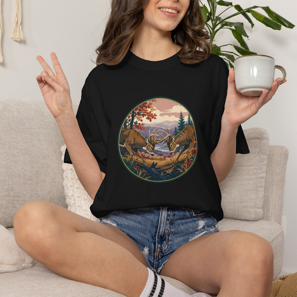 Scenic Wilderness Circle T-Shirt — Mountain Camping & Deer Nature Graphic