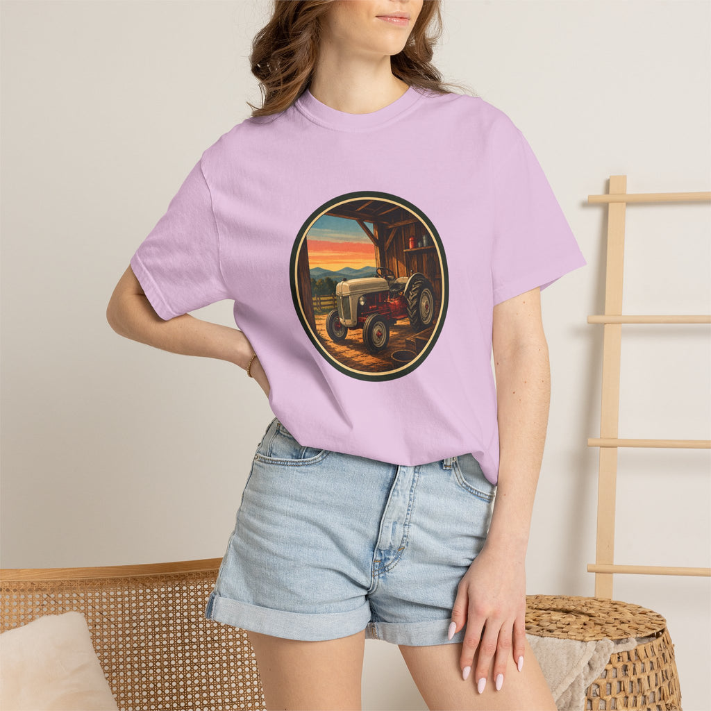 Vintage Tractor Circle T-Shirt — Rustic Farmstead Sunset Tee