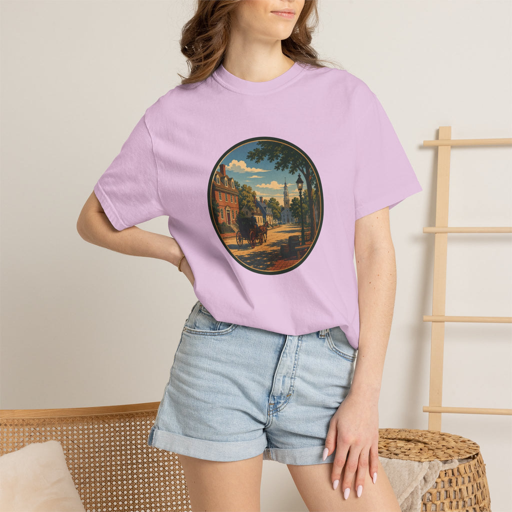 Colonial Carriage Ride T-Shirt — Retro Scenic Circle Print