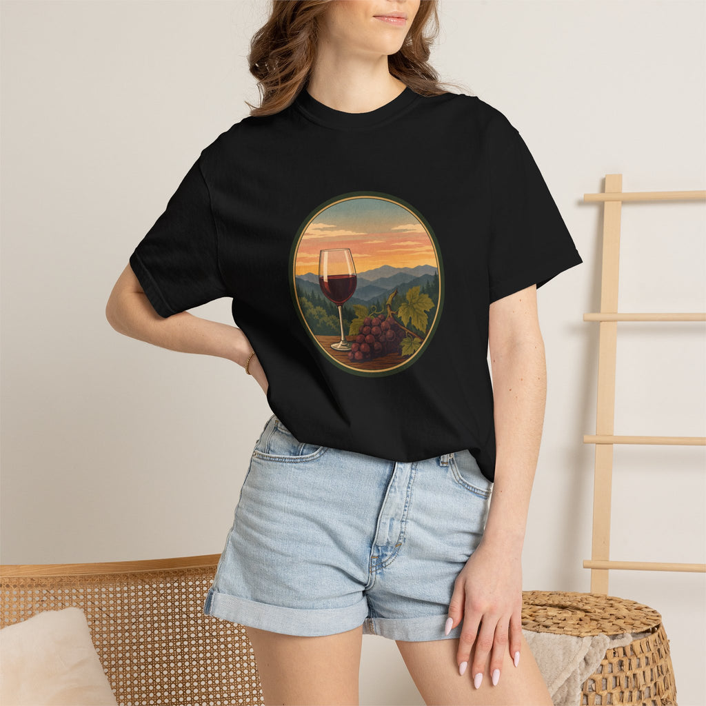 Wine Sunset T-Shirt — Vineyard Glass & Grapes Scenic Tee