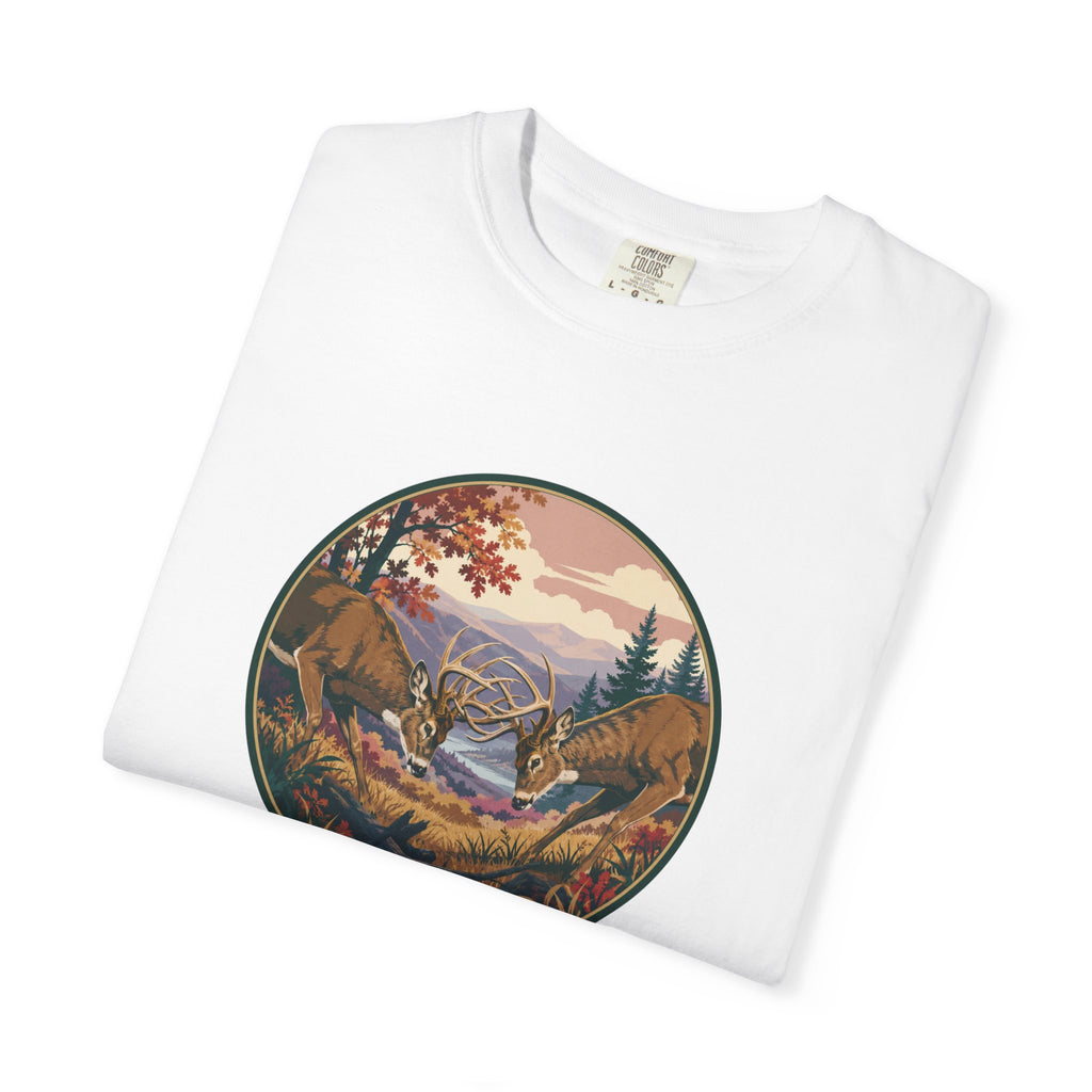 Scenic Wilderness Circle T-Shirt — Mountain Camping & Deer Nature Graphic